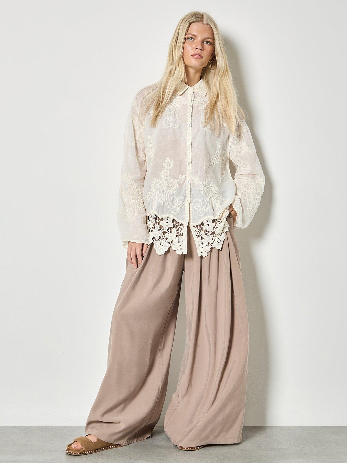 Image 3 of 4 of Apricot Embroidered Mesh Lace Edge Oversized Shirt - Cream