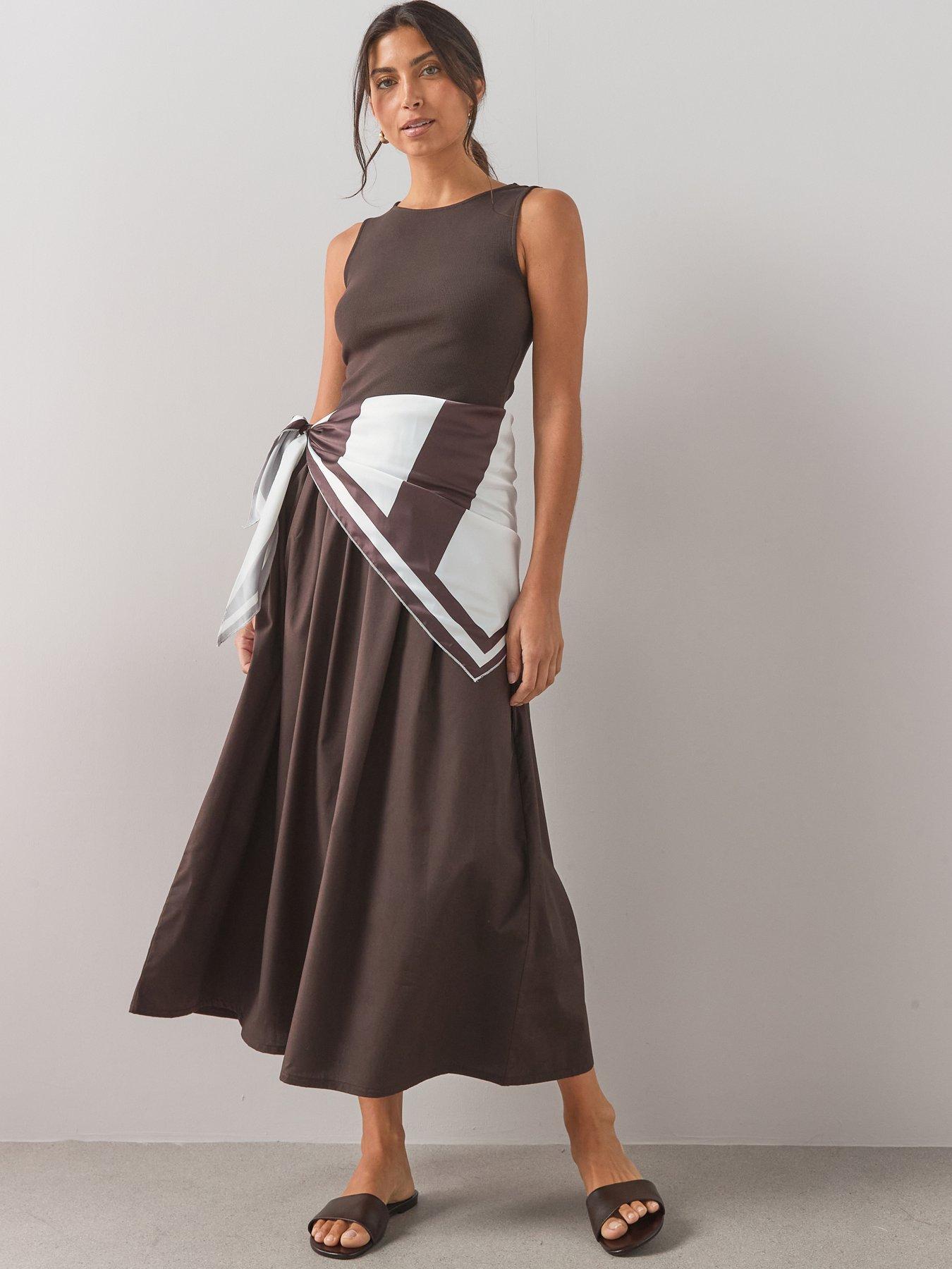 Image 1 of 6 of The Very Collection Woven Mix Dress With Scarf Detail- Brown