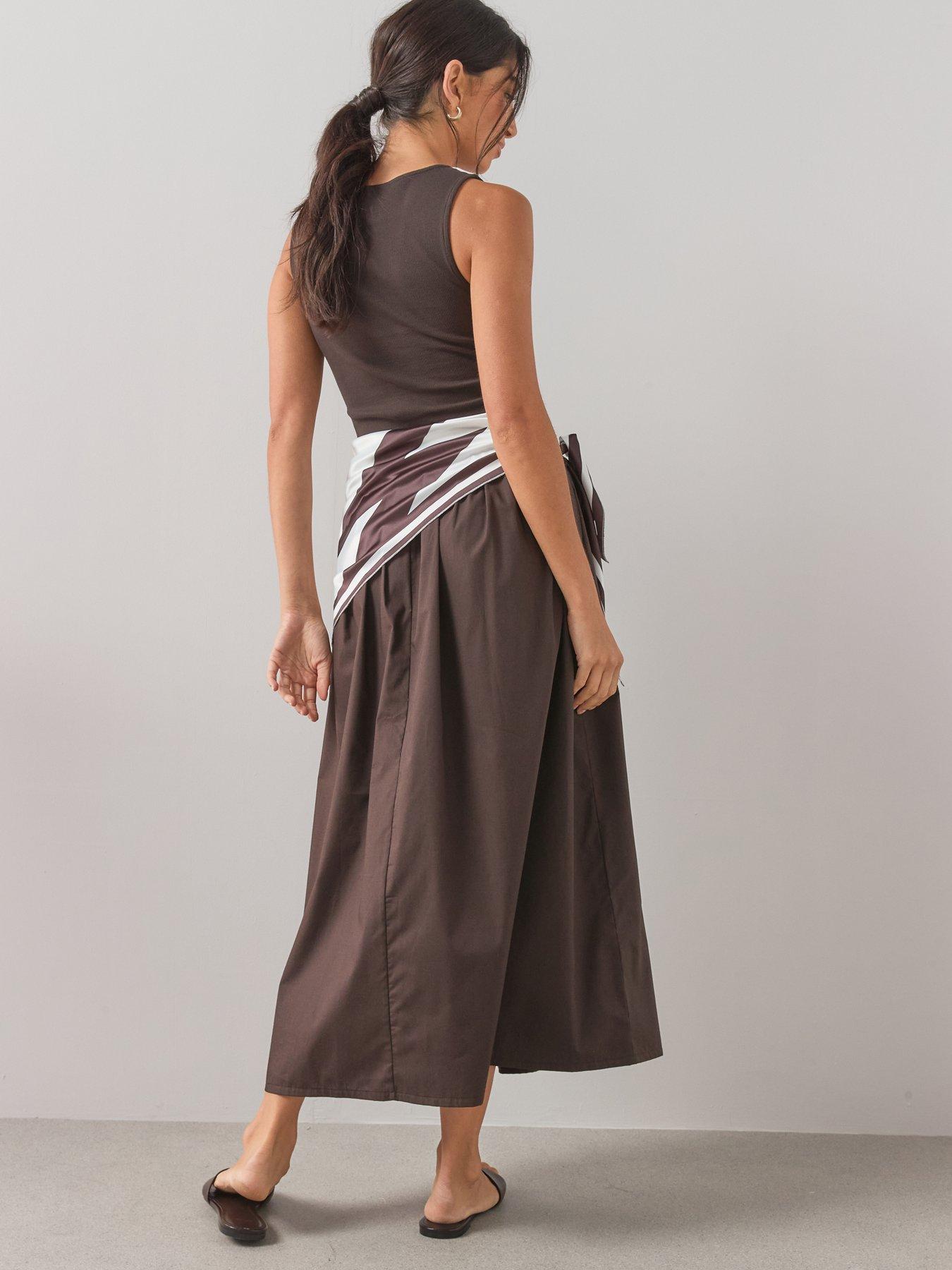 Image 2 of 6 of The Very Collection Woven Mix Dress With Scarf Detail- Brown