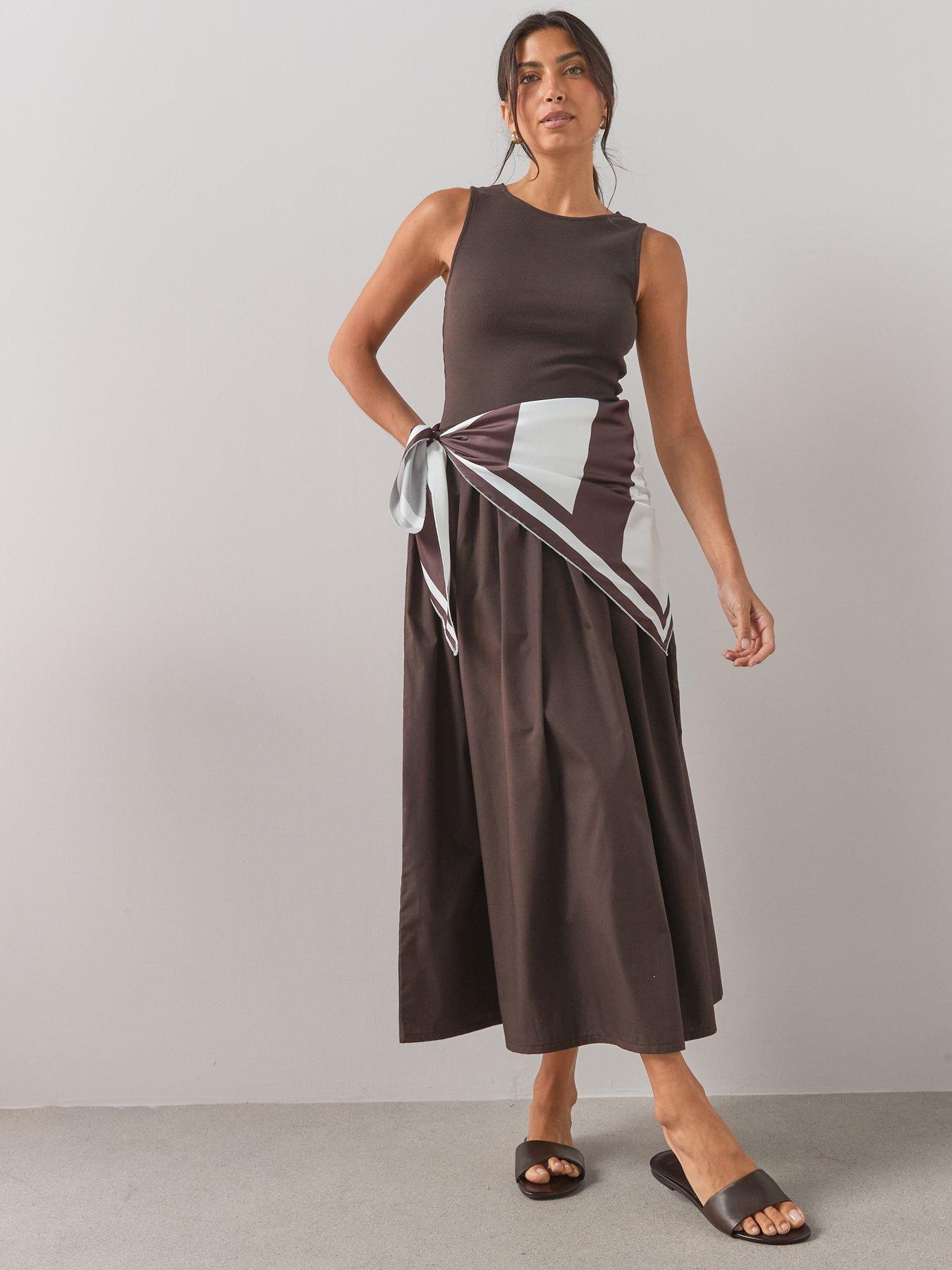 Image 4 of 6 of The Very Collection Woven Mix Dress With Scarf Detail- Brown