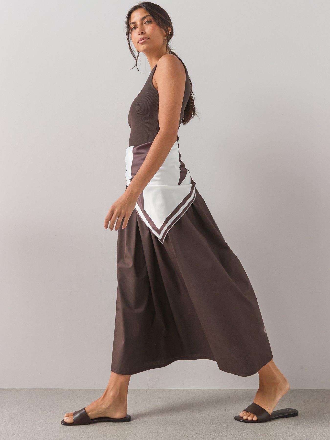 Image 5 of 6 of The Very Collection Woven Mix Dress With Scarf Detail- Brown