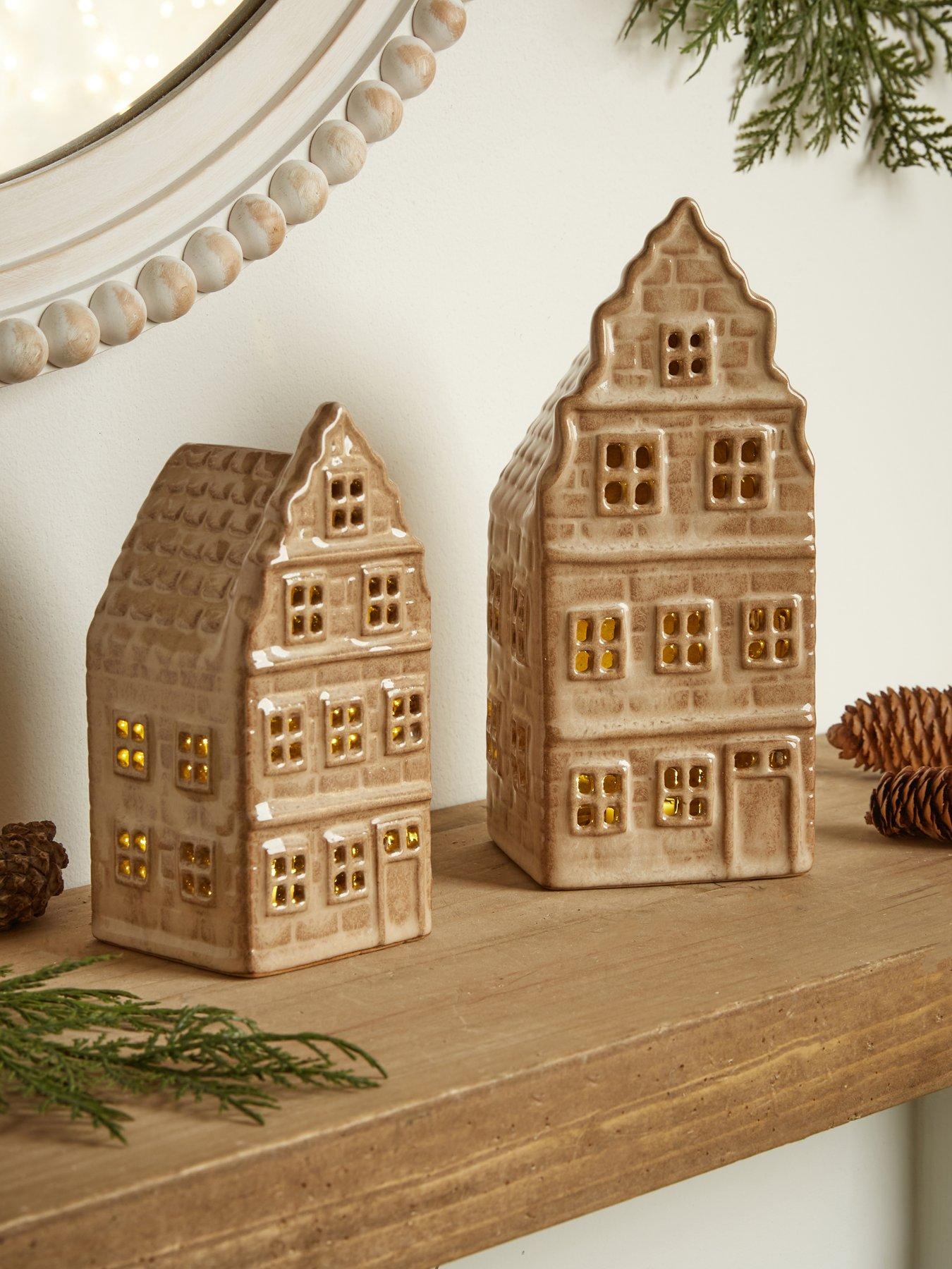 The Very Collection Set Of 2 Light Up Ceramic Beige Houses