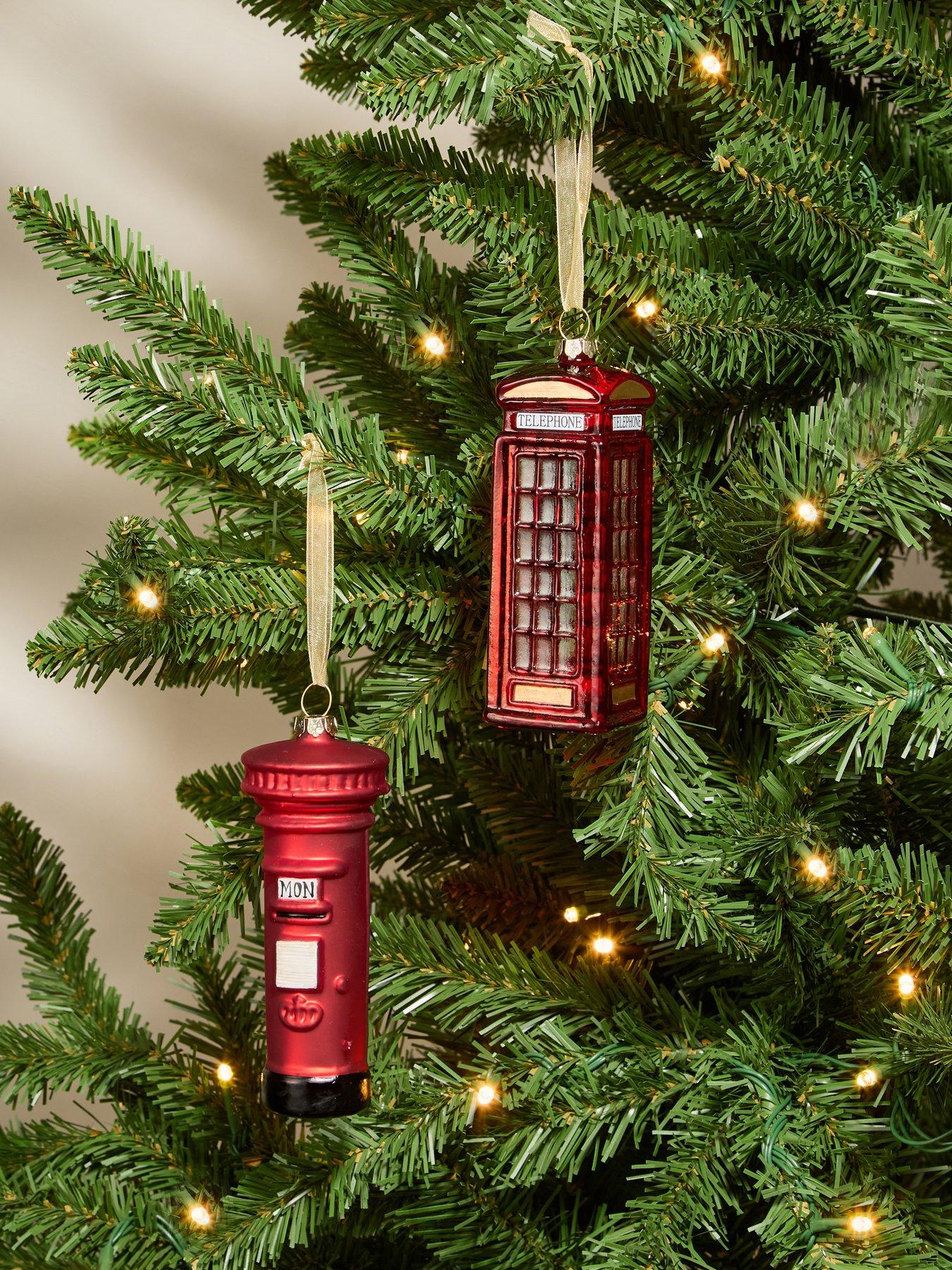 The Very Collection Set of 2 Post Box and Phone Box Glass Christmas Tree Baubles