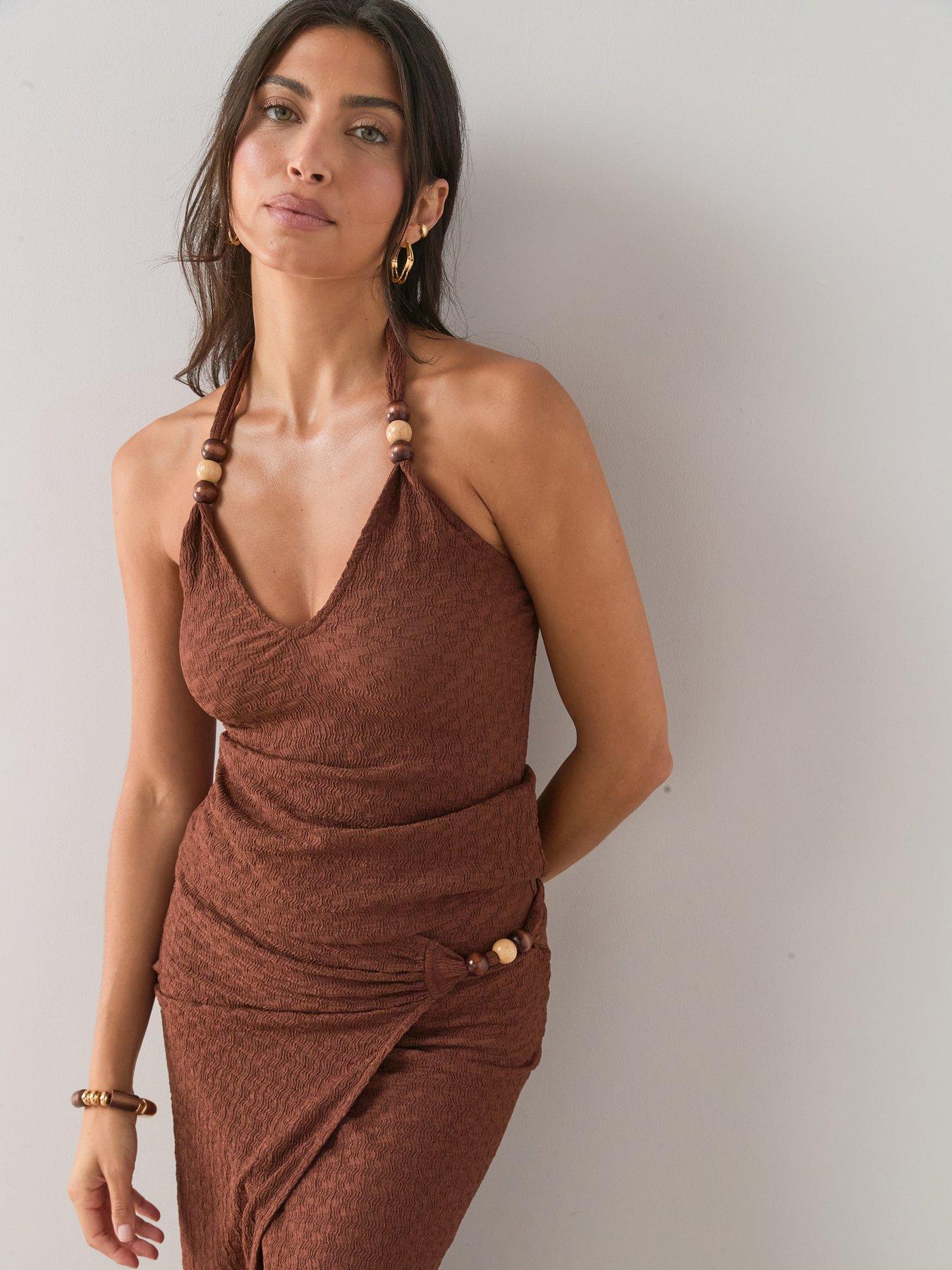 The Very Collection Bead Textured Halter Top - Brown