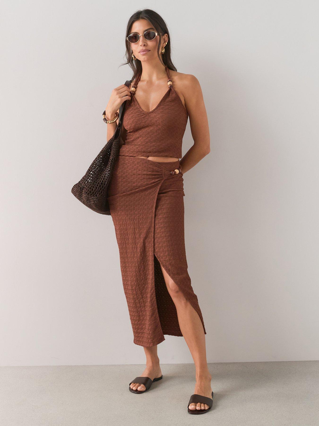 The Very Collection Bead Textured Wrap Midaxi Co-ord Skirt - Brown