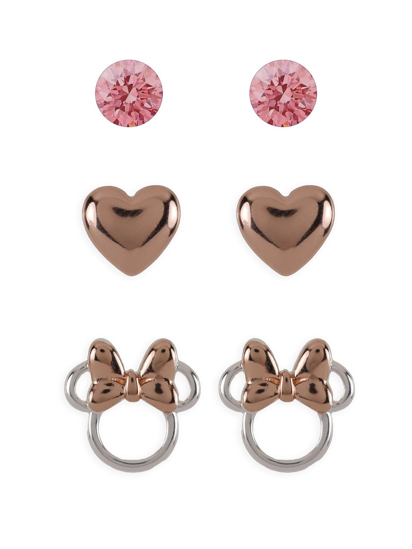 Minnie Mouse Minnie Mouse Brass Light Rose Crystal, Heart  &  Stud Earrings 3Pc Set