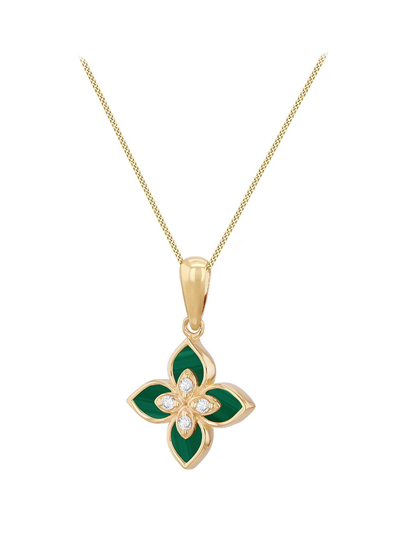 Image 1 of 4 of The Love Collection 9ct Yellow Gold Malachite and Cubic Zirconia Clover Pendant