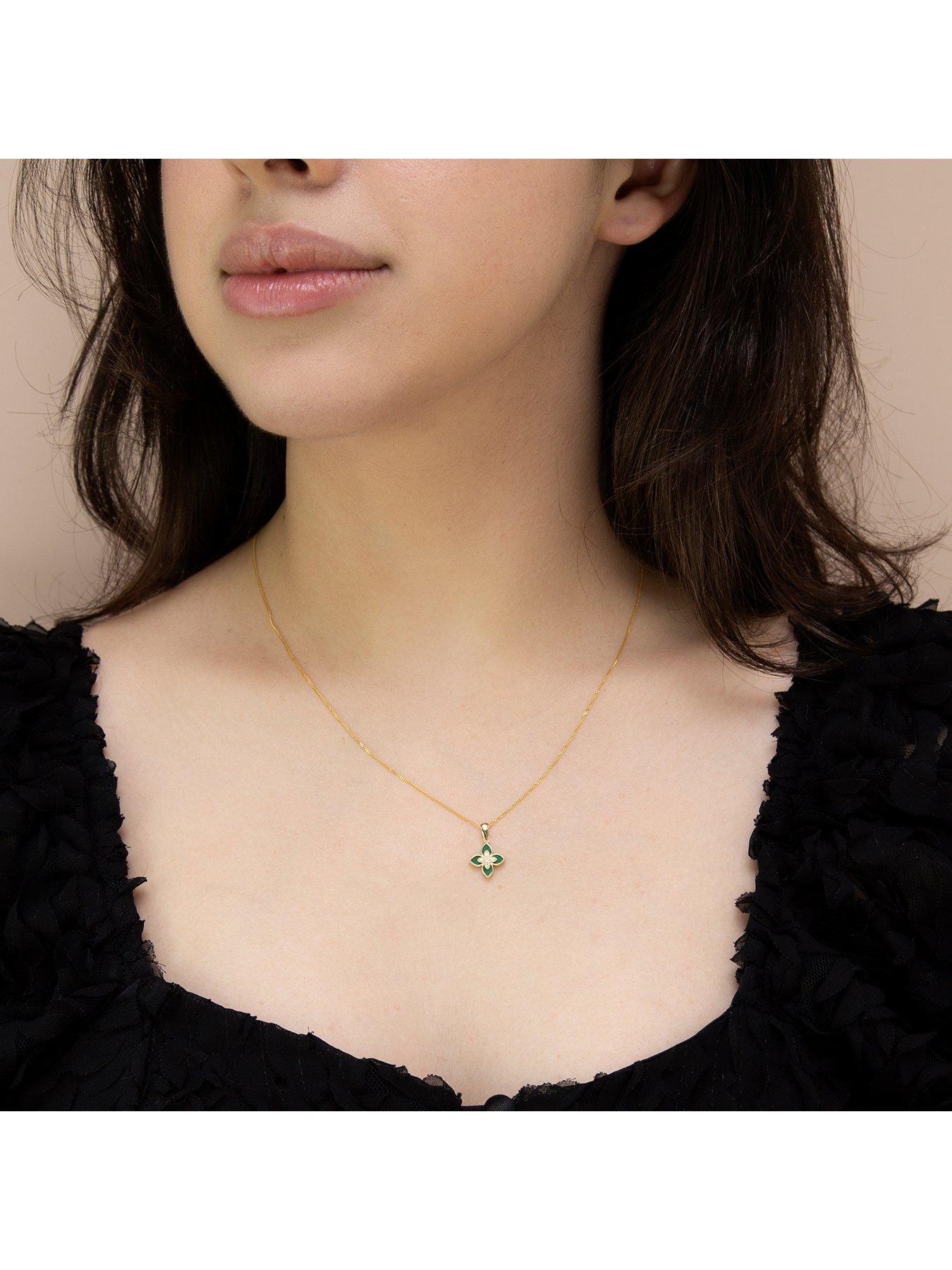 Image 4 of 4 of The Love Collection 9ct Yellow Gold Malachite and Cubic Zirconia Clover Pendant