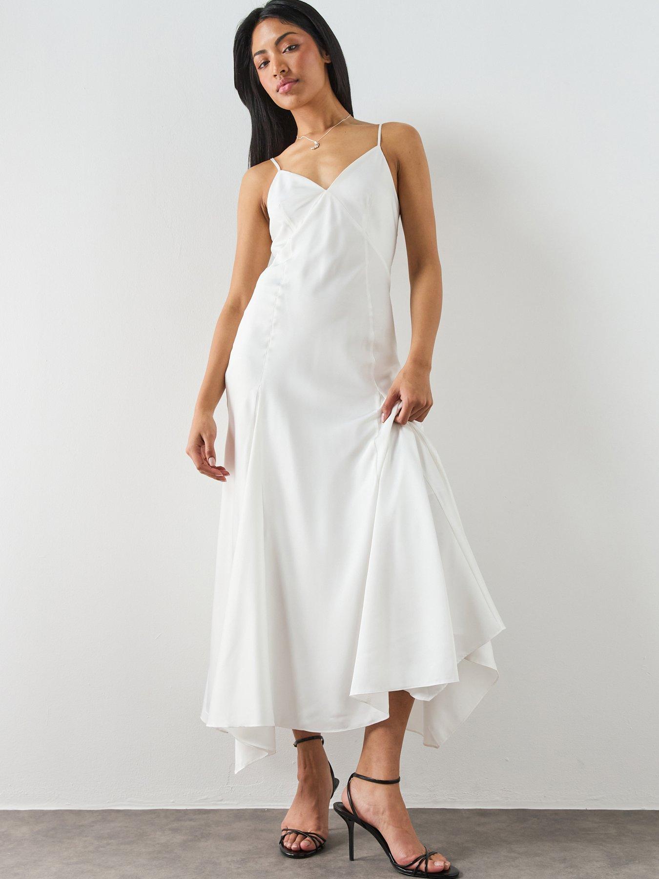 Image 1 of 7 of AllSaints Ava Strappy Satin Midi Dress - White