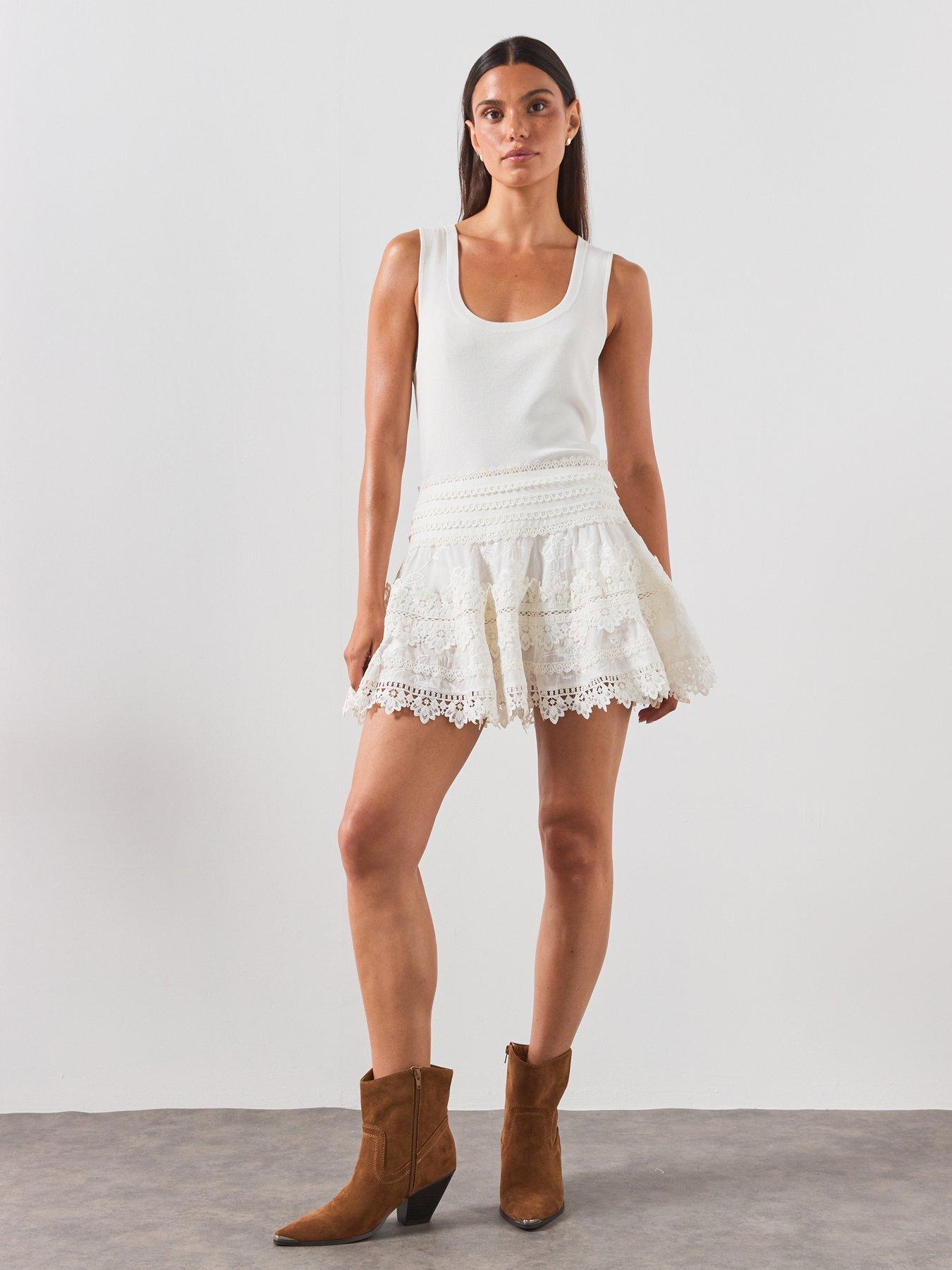 Image 1 of 7 of AllSaints Lillith Embroidered Mini Skirt - White