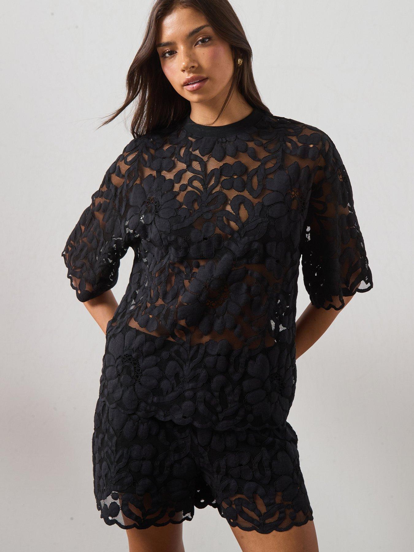 AllSaints Amelie Oversized Short Sleeve Lace T-Shirt - Black