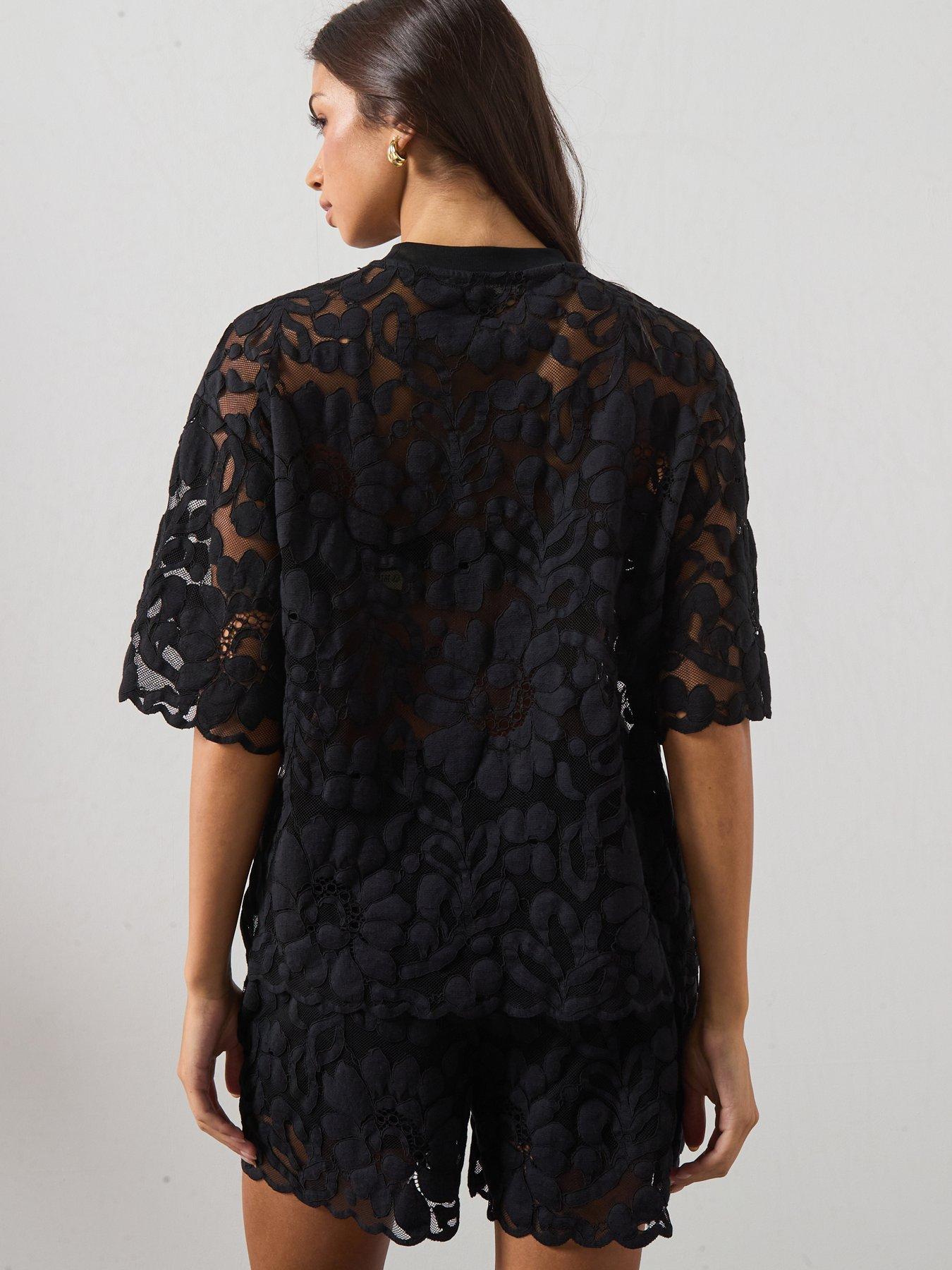 Image 2 of 6 of AllSaints Amelie Oversized Short Sleeve Lace T-Shirt - Black