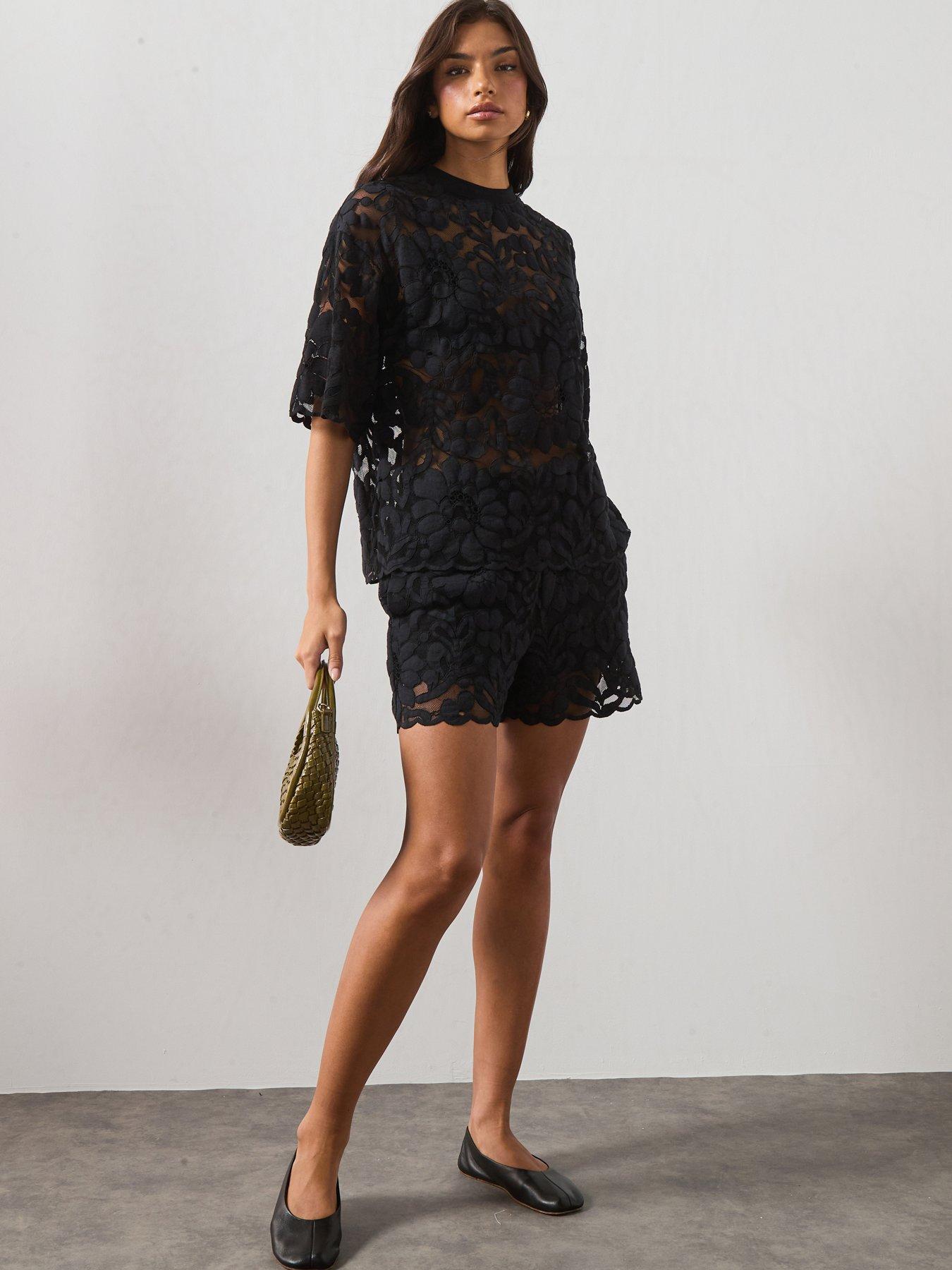 Image 3 of 6 of AllSaints Amelie Oversized Short Sleeve Lace T-Shirt - Black