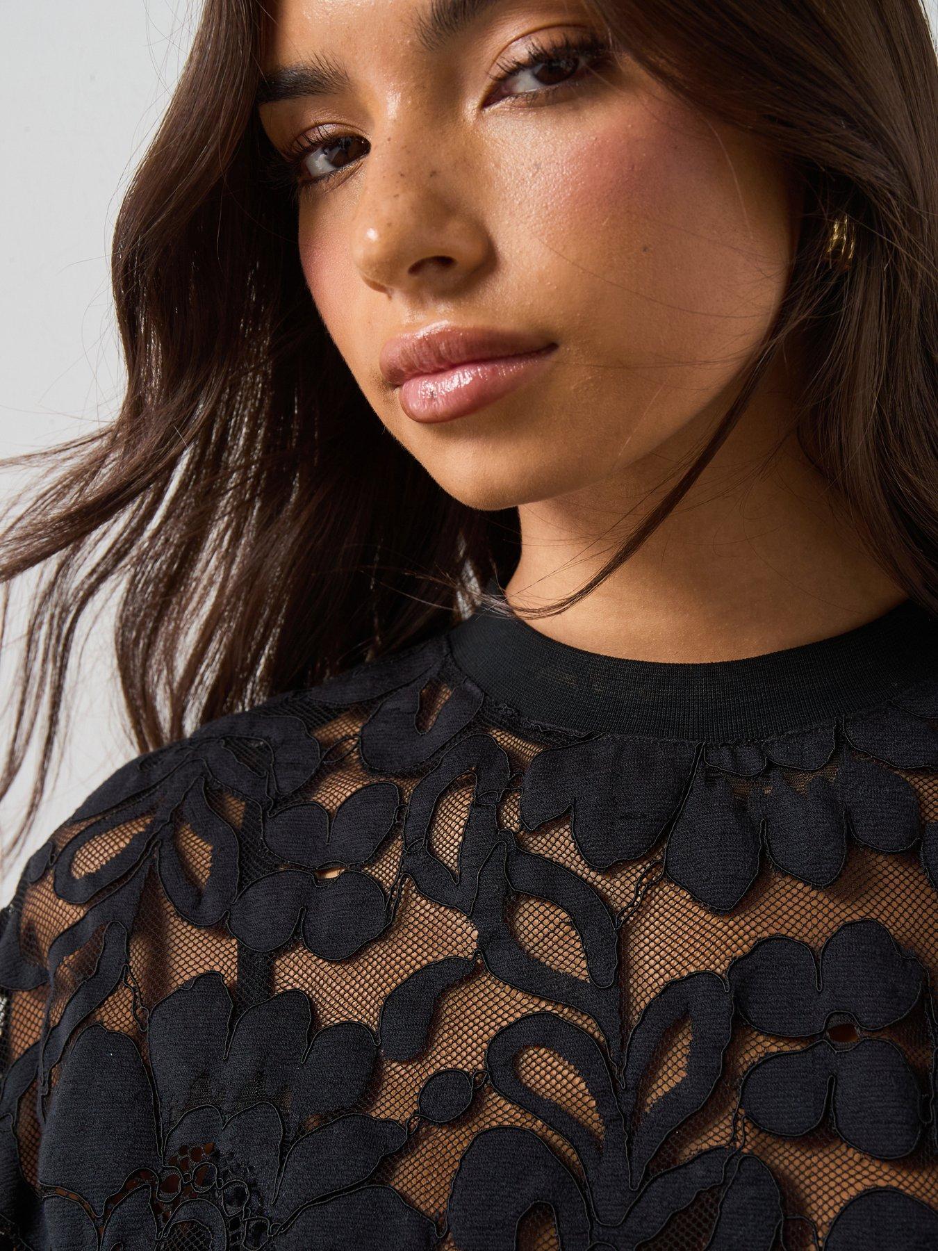 Image 4 of 6 of AllSaints Amelie Oversized Short Sleeve Lace T-Shirt - Black