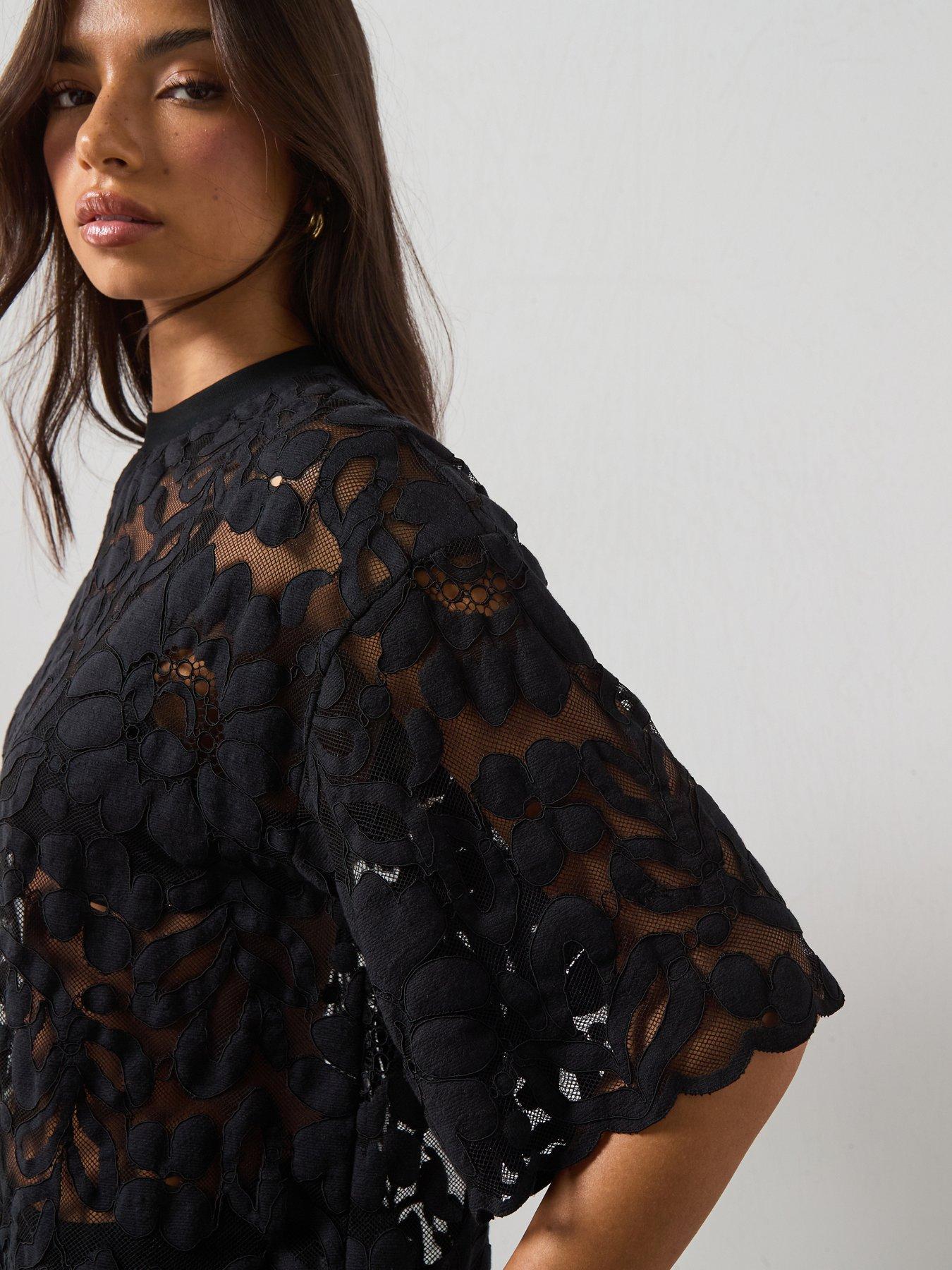 Image 5 of 6 of AllSaints Amelie Oversized Short Sleeve Lace T-Shirt - Black