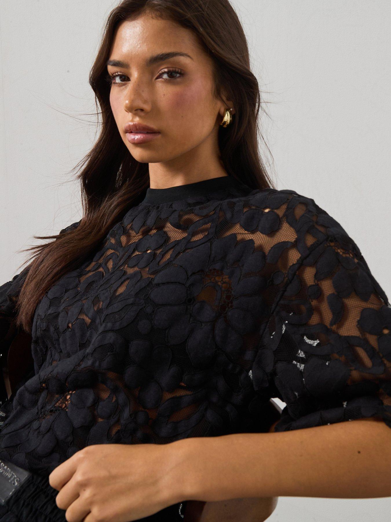 Image 6 of 6 of AllSaints Amelie Oversized Short Sleeve Lace T-Shirt - Black