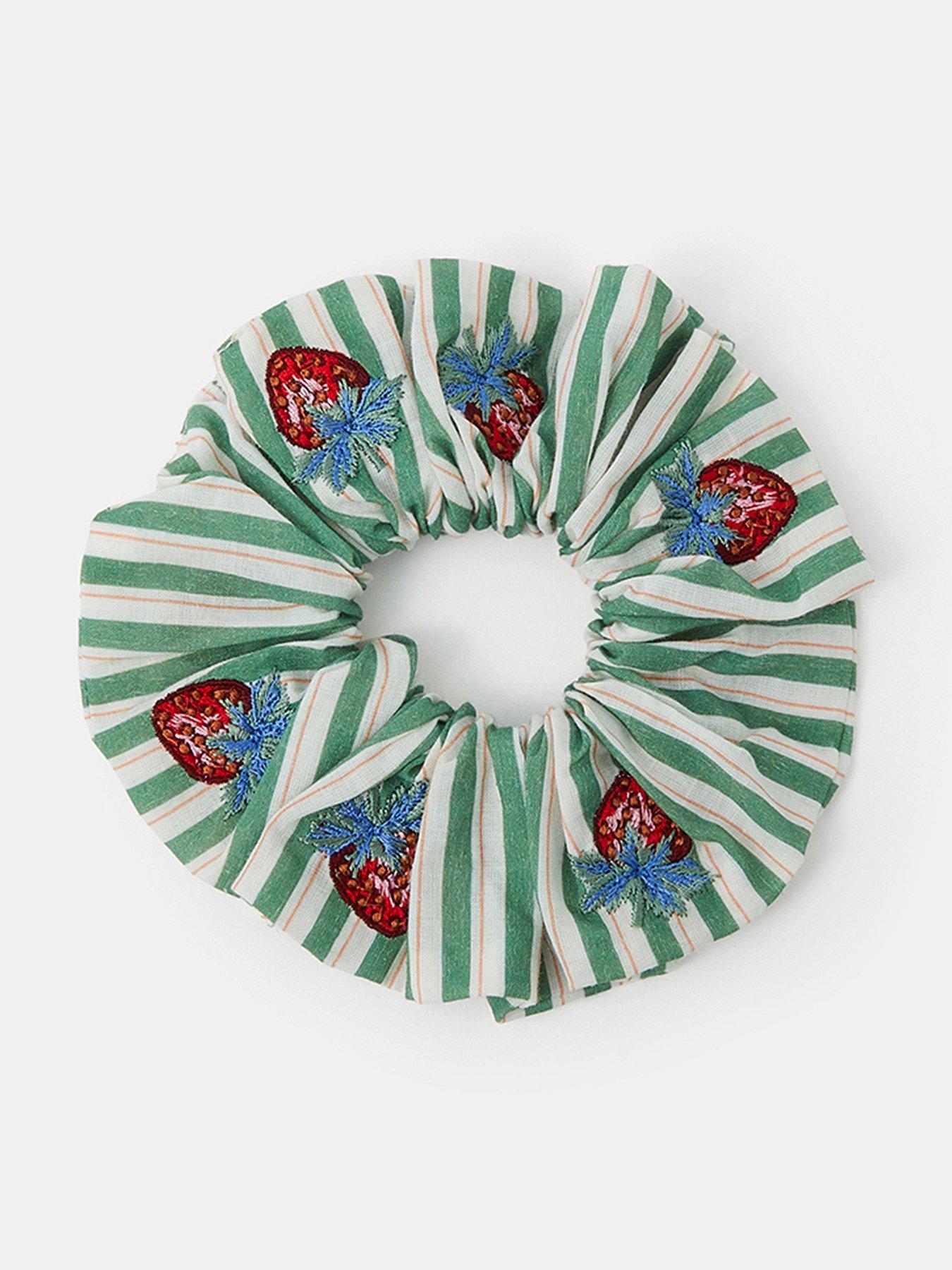 Image 1 of 3 of Accessorize Strawberry Embroidered Stripe Scrunchie