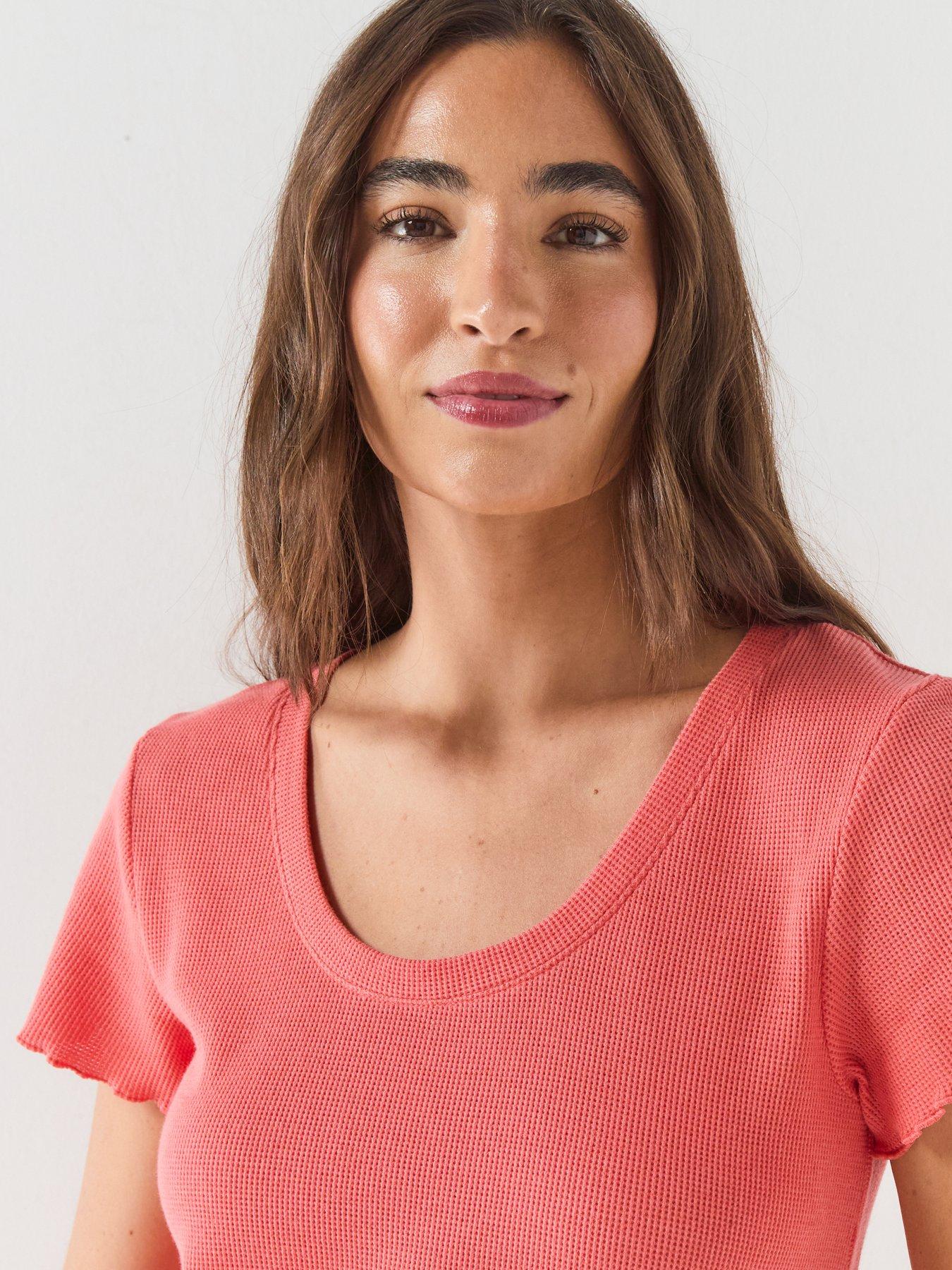Image 3 of 5 of BOSS Womens Waffle Cotton Blend Stretch Pyjama Top - Orange