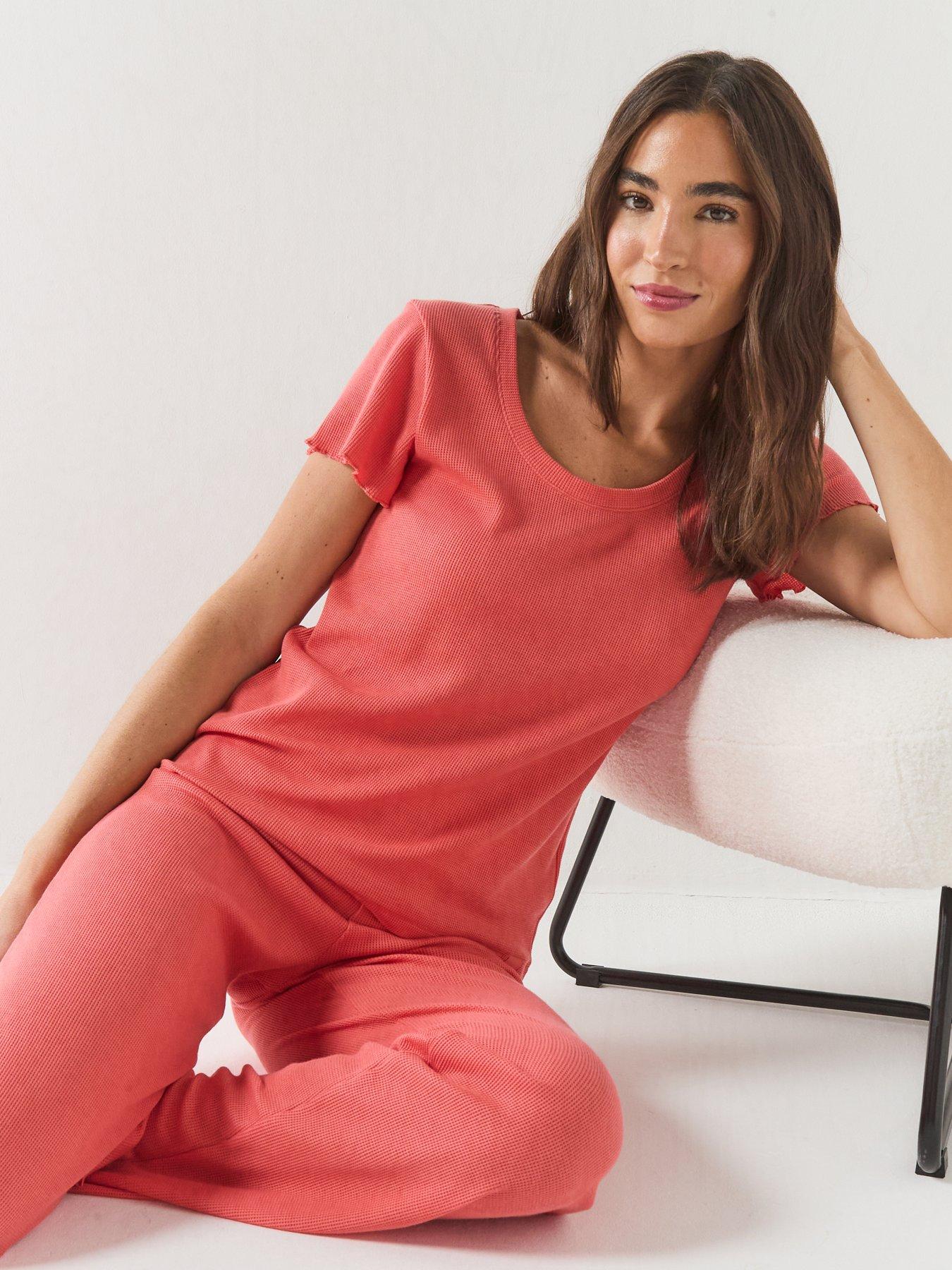 Image 5 of 5 of BOSS Womens Waffle Cotton Blend Stretch Pyjama Top - Orange