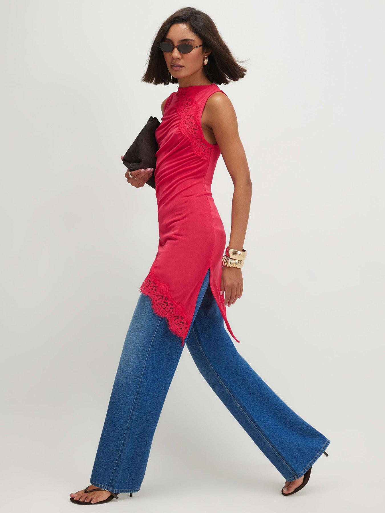 Image 3 of 6 of River Island Sl Lace Trim Asym Tunic - Pink