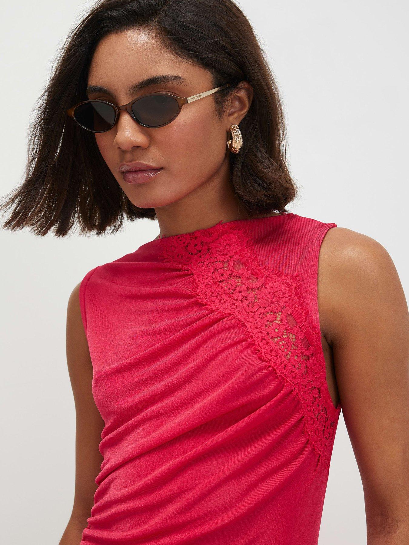 Image 4 of 6 of River Island Sl Lace Trim Asym Tunic - Pink