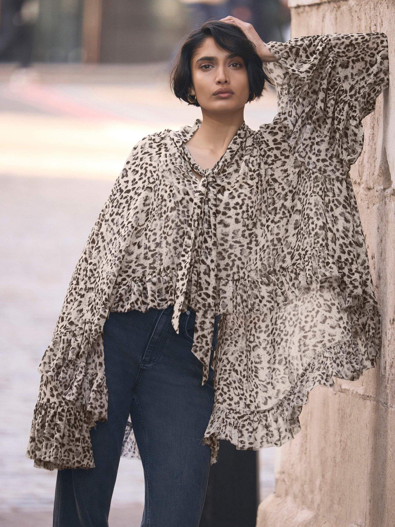 Image 1 of 6 of Mint Velvet Leopard Print Ruffle Blouse - Cream