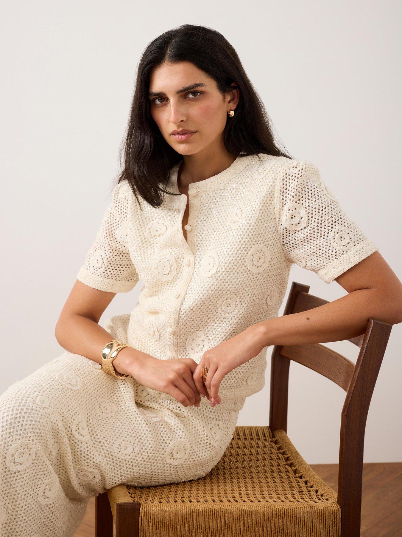 Mint Velvet Neutral Sequin Flower Top