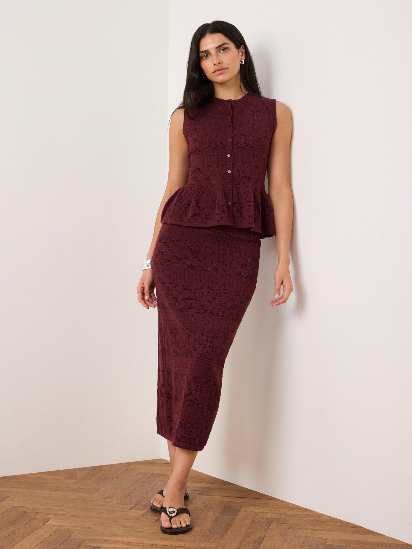 Mint Velvet Pointelle Knit Skirt - Burgundy