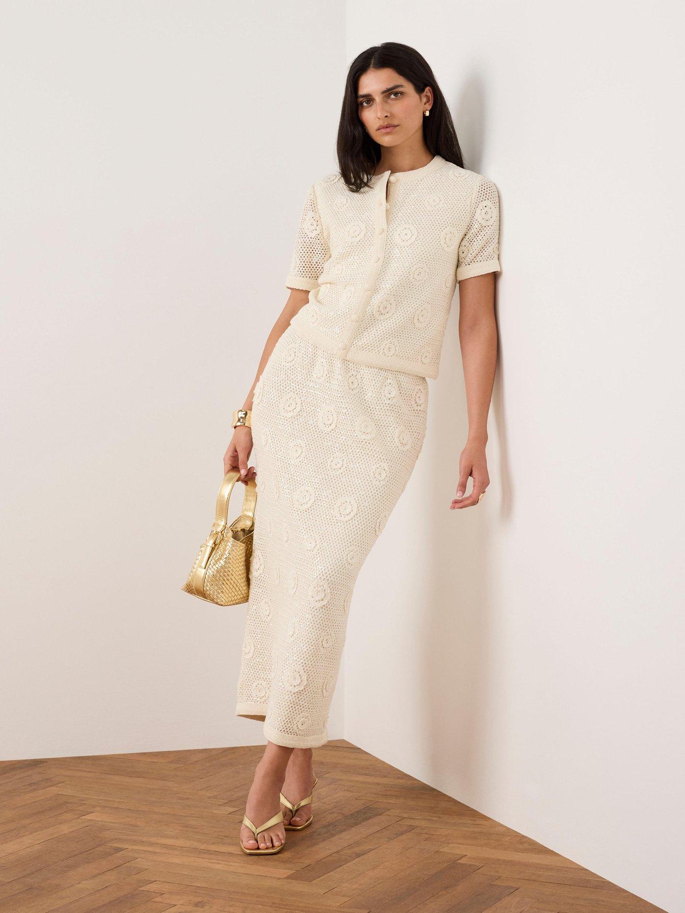 Mint Velvet Floral Crochet Midi Skirt - Neutral