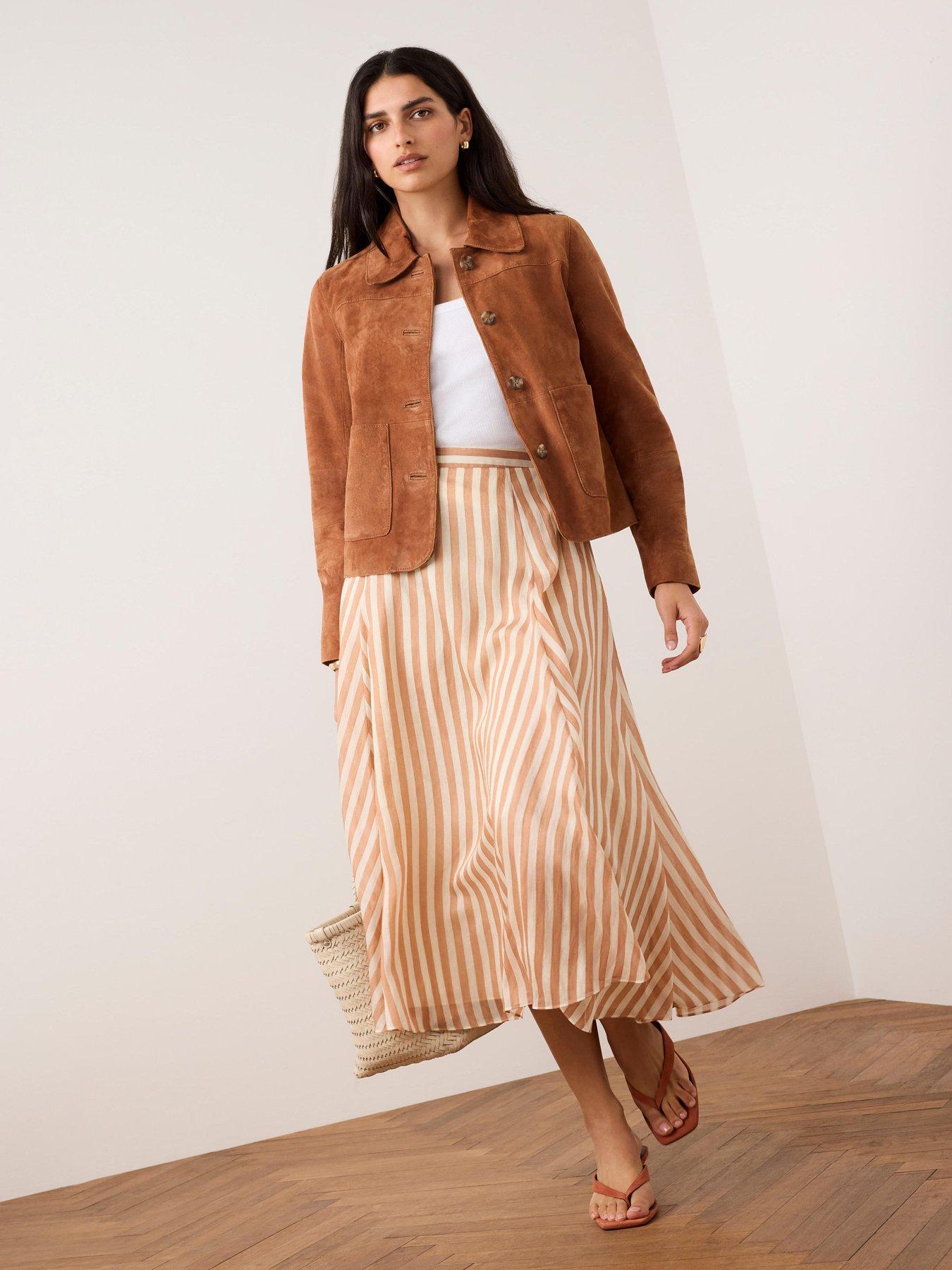 Mint Velvet Striped A-Line Midi Skirt - Orange