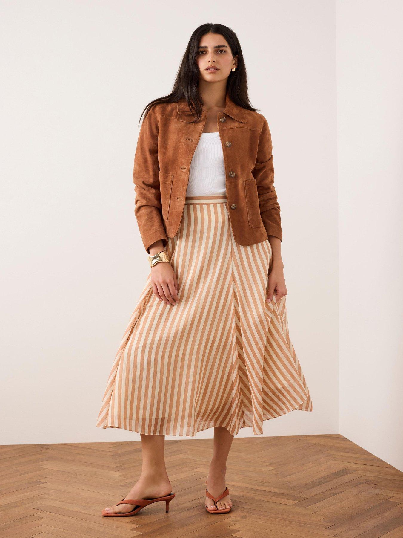Image 3 of 6 of Mint Velvet Striped A-Line Midi Skirt - Orange
