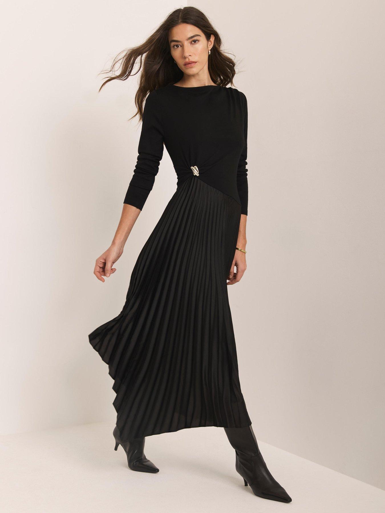Mint Velvet Pleated Asymmetrical Midi Dress - Black