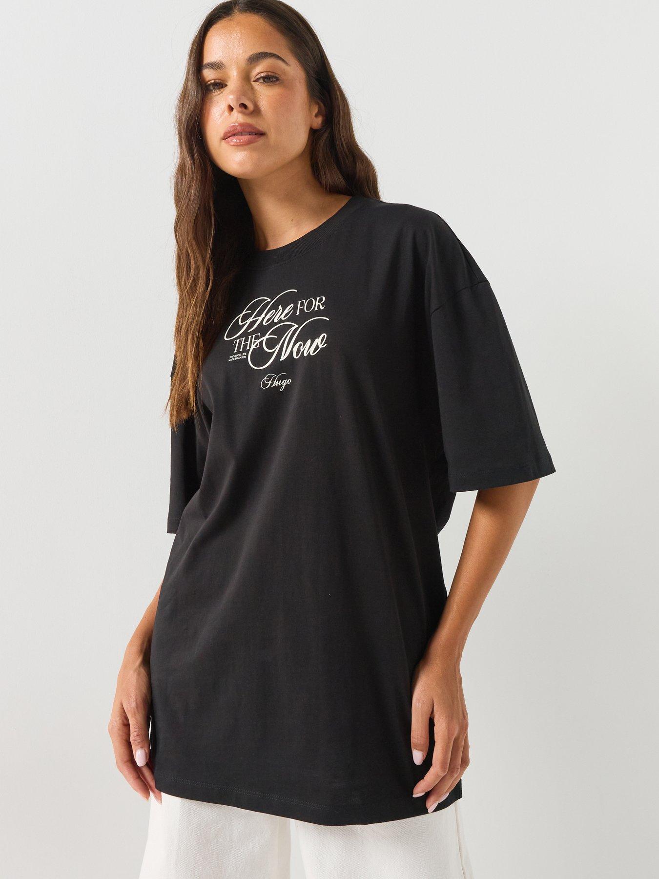 Image 1 of 4 of HUGO Oversized Graphic Cotton T-Shirt with Statement Print - Black