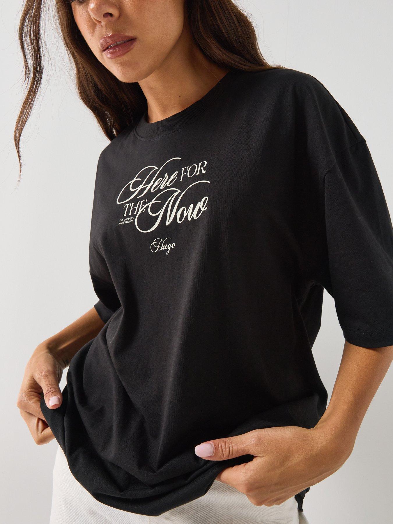 Image 4 of 4 of HUGO Oversized Graphic Cotton T-Shirt with Statement Print - Black