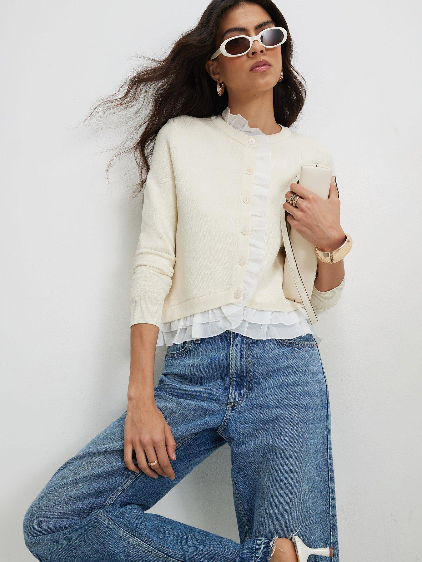 River Island Frill Fine GG Cardi - Cream