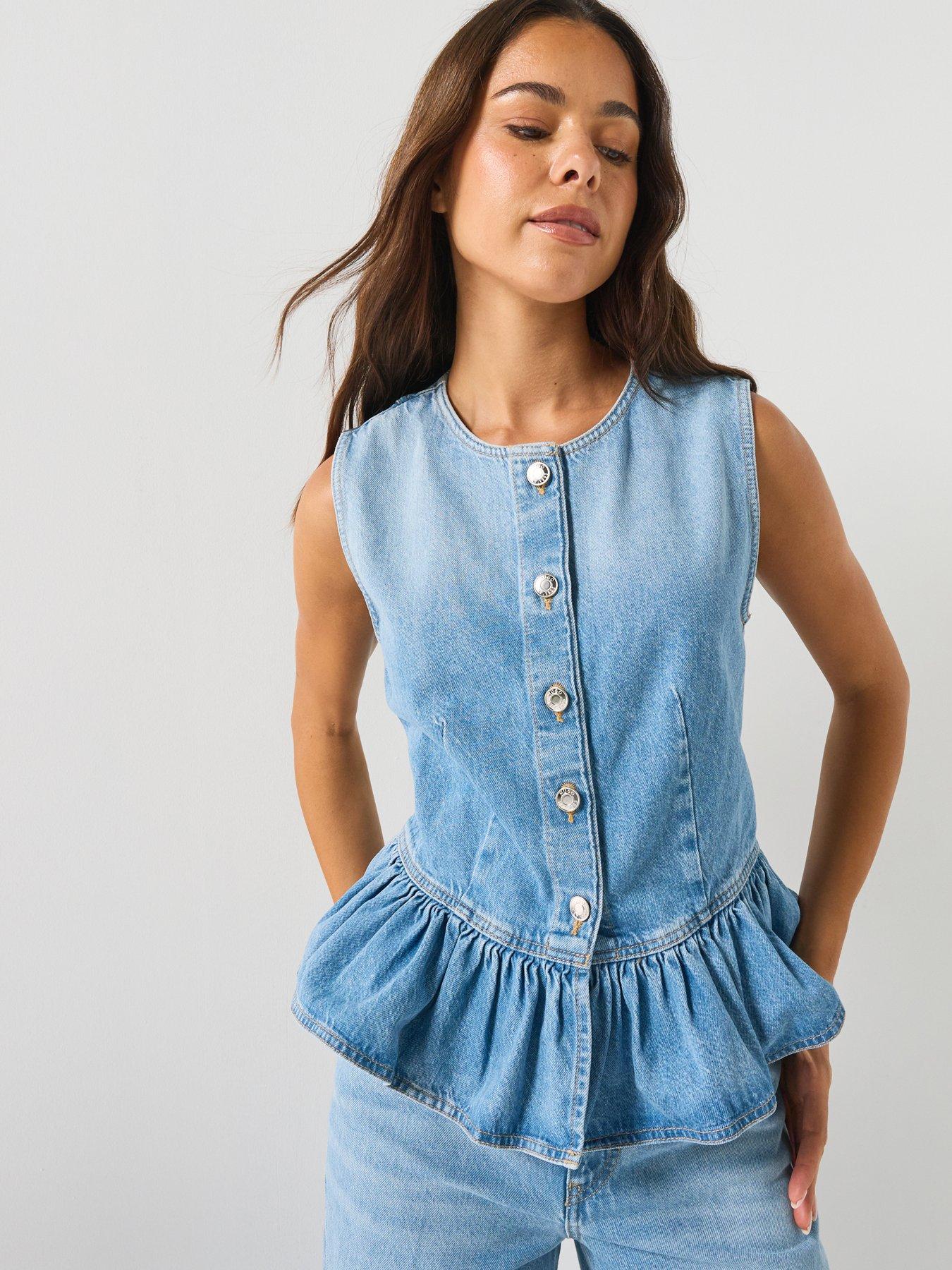 HUGO Regular-Fit Sleeveless Blouse In Denim With Peplum Hem - Blue