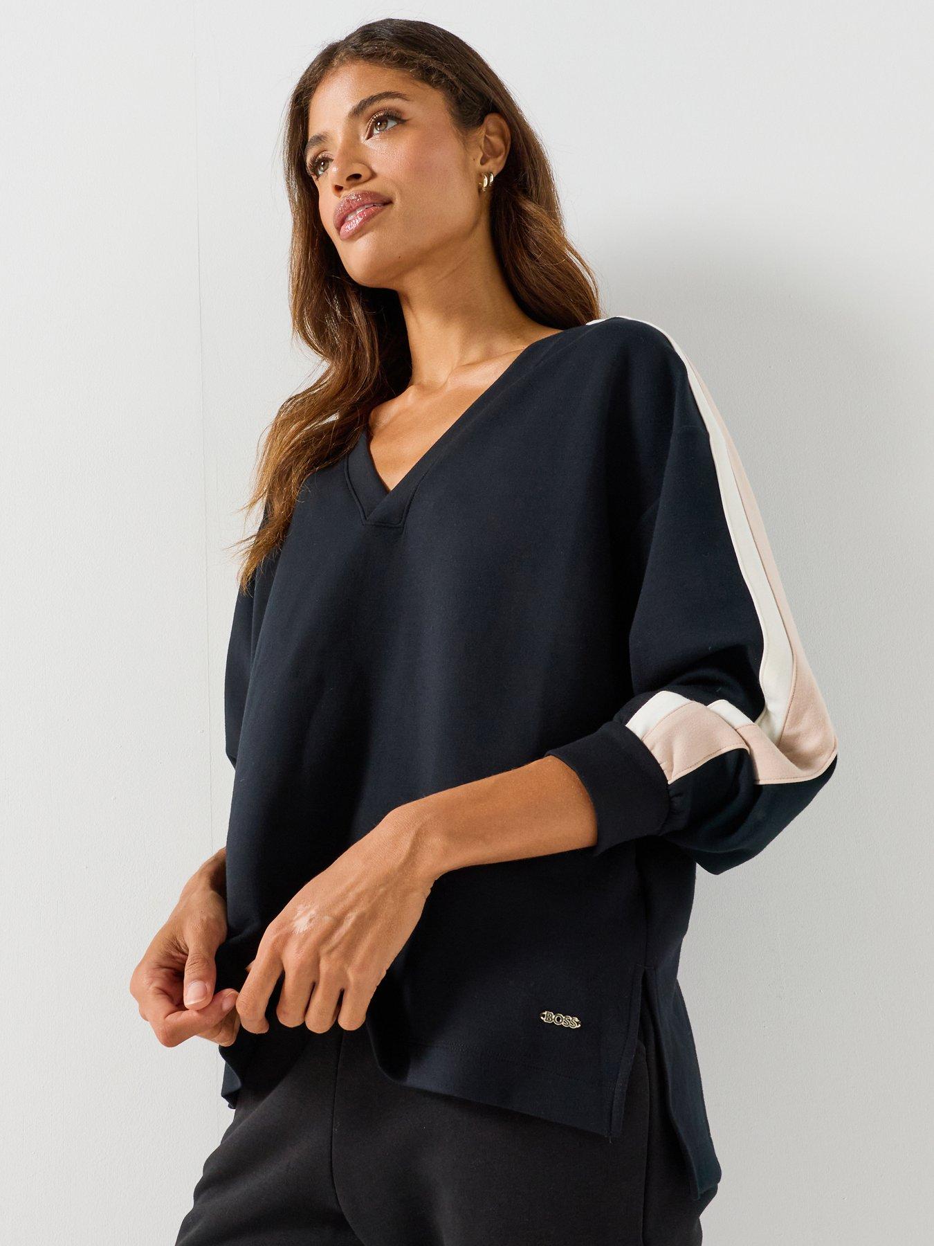 BOSS V Neck Contrast Stripe Sleeve Sweatshirt - Black