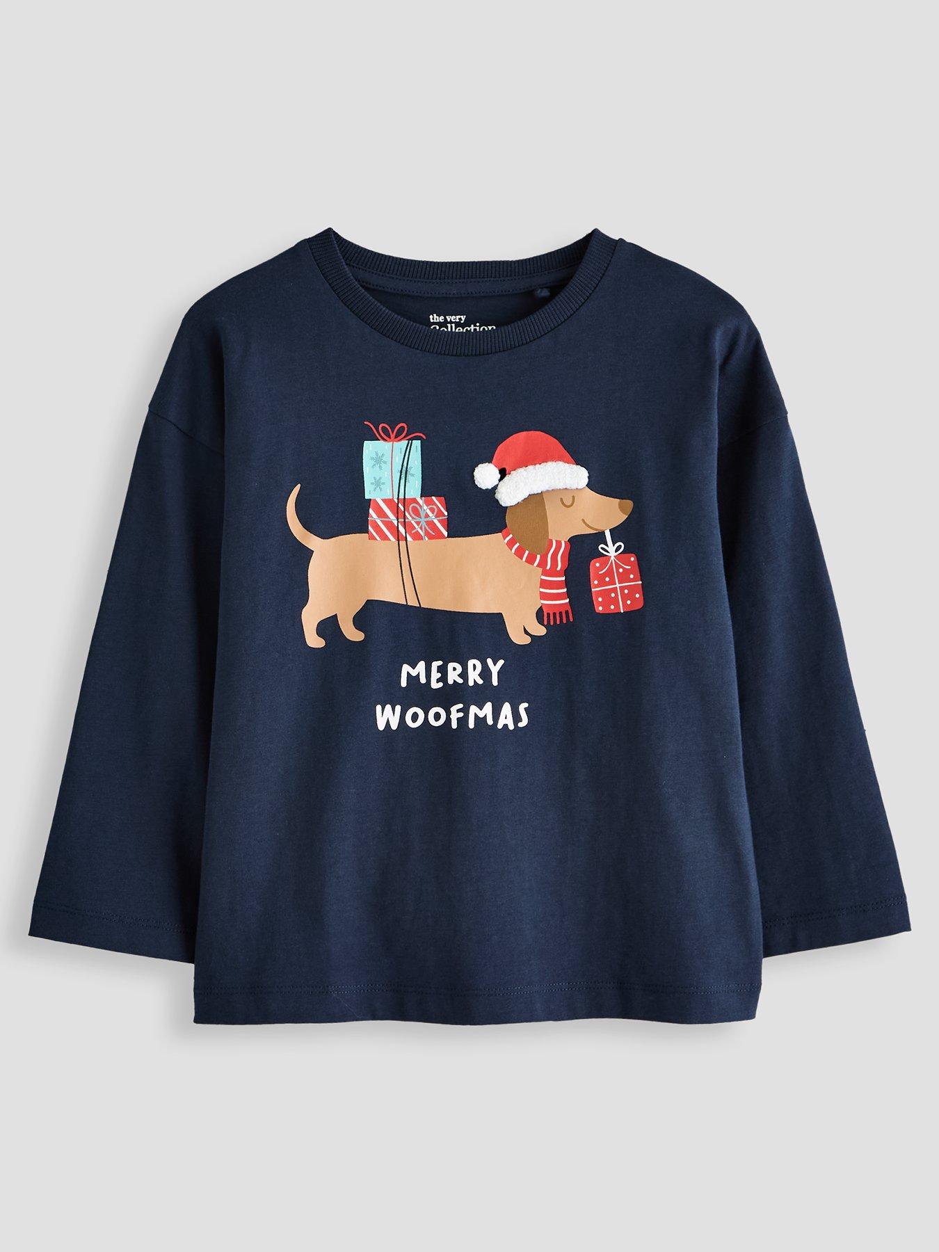 The Very Collection Boys' Festive Sausage Dog Christmas T-Shirt - Navy