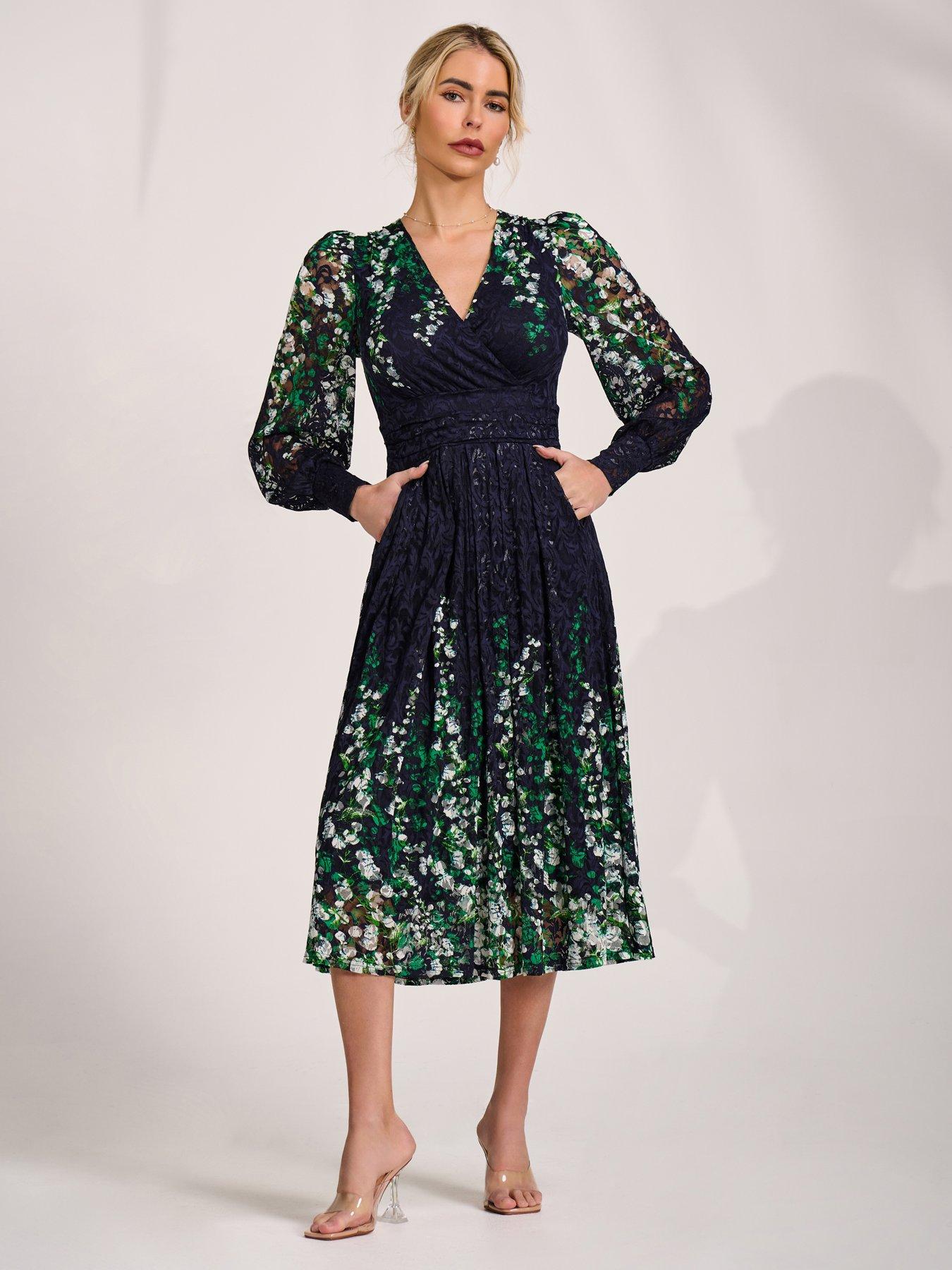 Image 1 of 7 of Jolie Moi Long Sleeve Printed Lace Midi Dress - Green