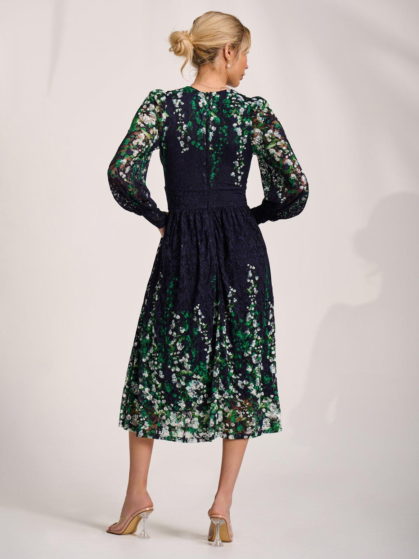 Image 2 of 7 of Jolie Moi Long Sleeve Printed Lace Midi Dress - Green