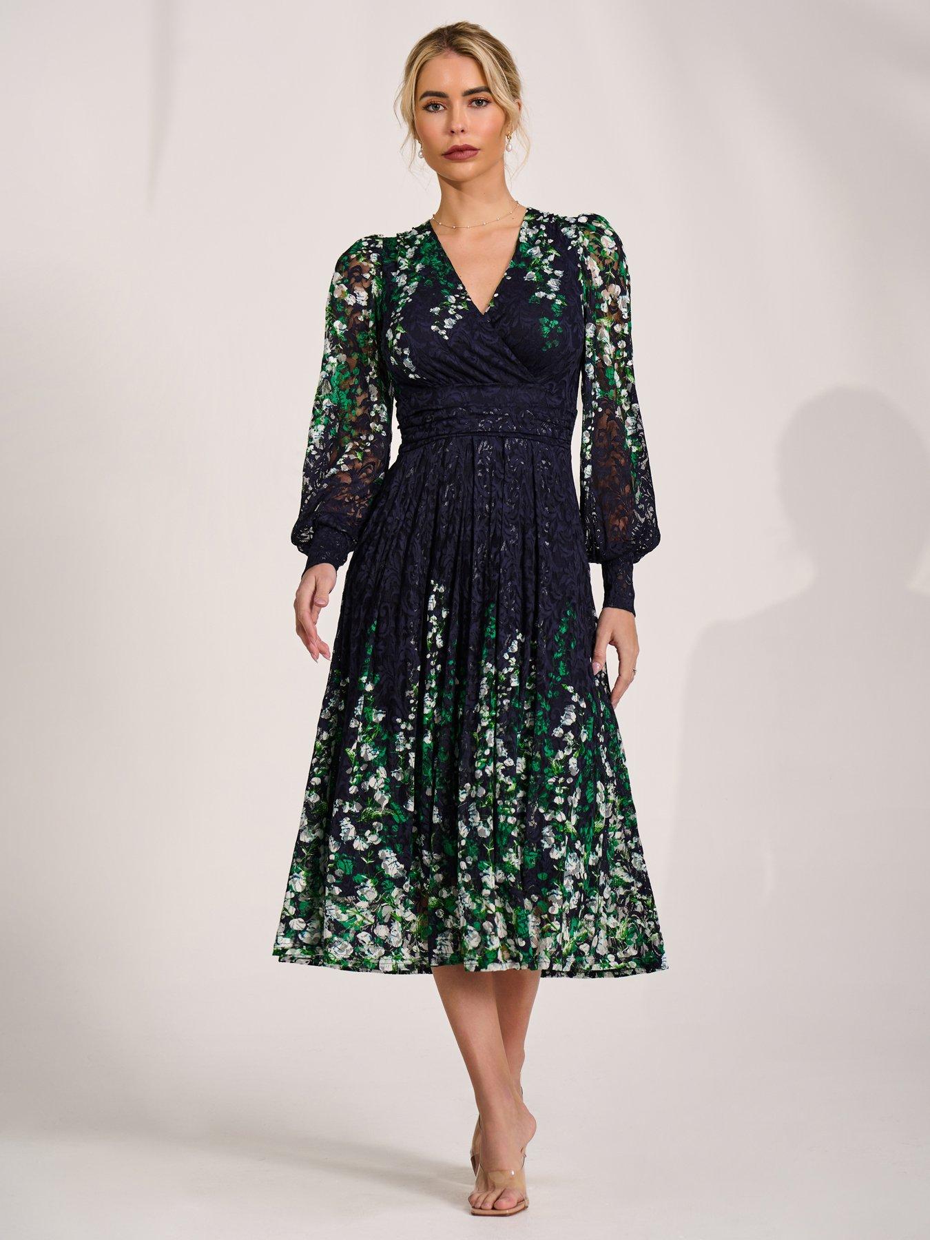 Image 3 of 7 of Jolie Moi Long Sleeve Printed Lace Midi Dress - Green