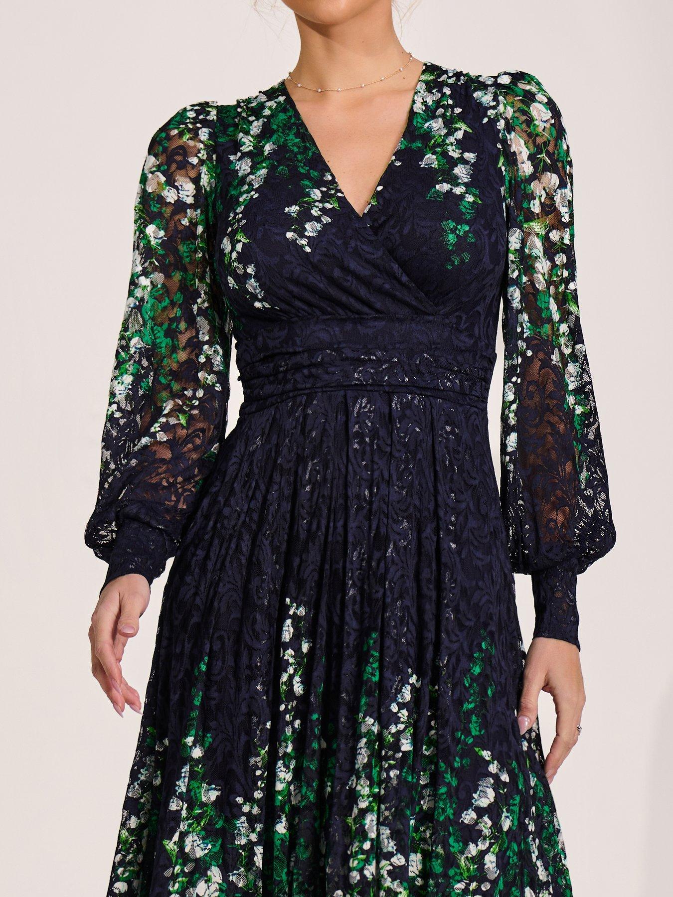 Image 4 of 7 of Jolie Moi Long Sleeve Printed Lace Midi Dress - Green