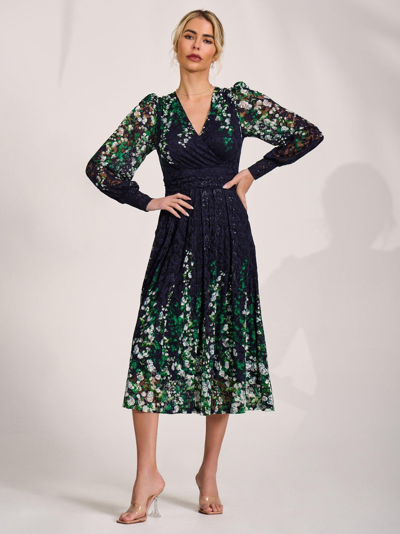 Image 5 of 7 of Jolie Moi Long Sleeve Printed Lace Midi Dress - Green