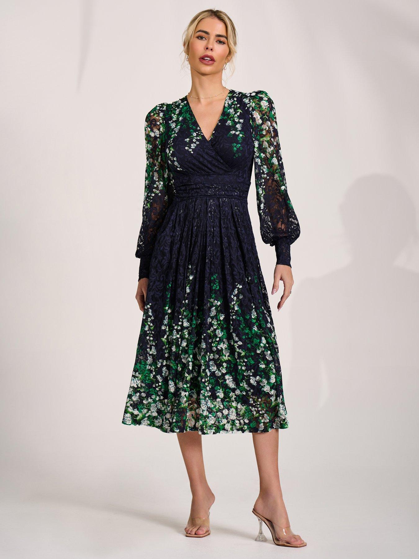 Image 6 of 7 of Jolie Moi Long Sleeve Printed Lace Midi Dress - Green