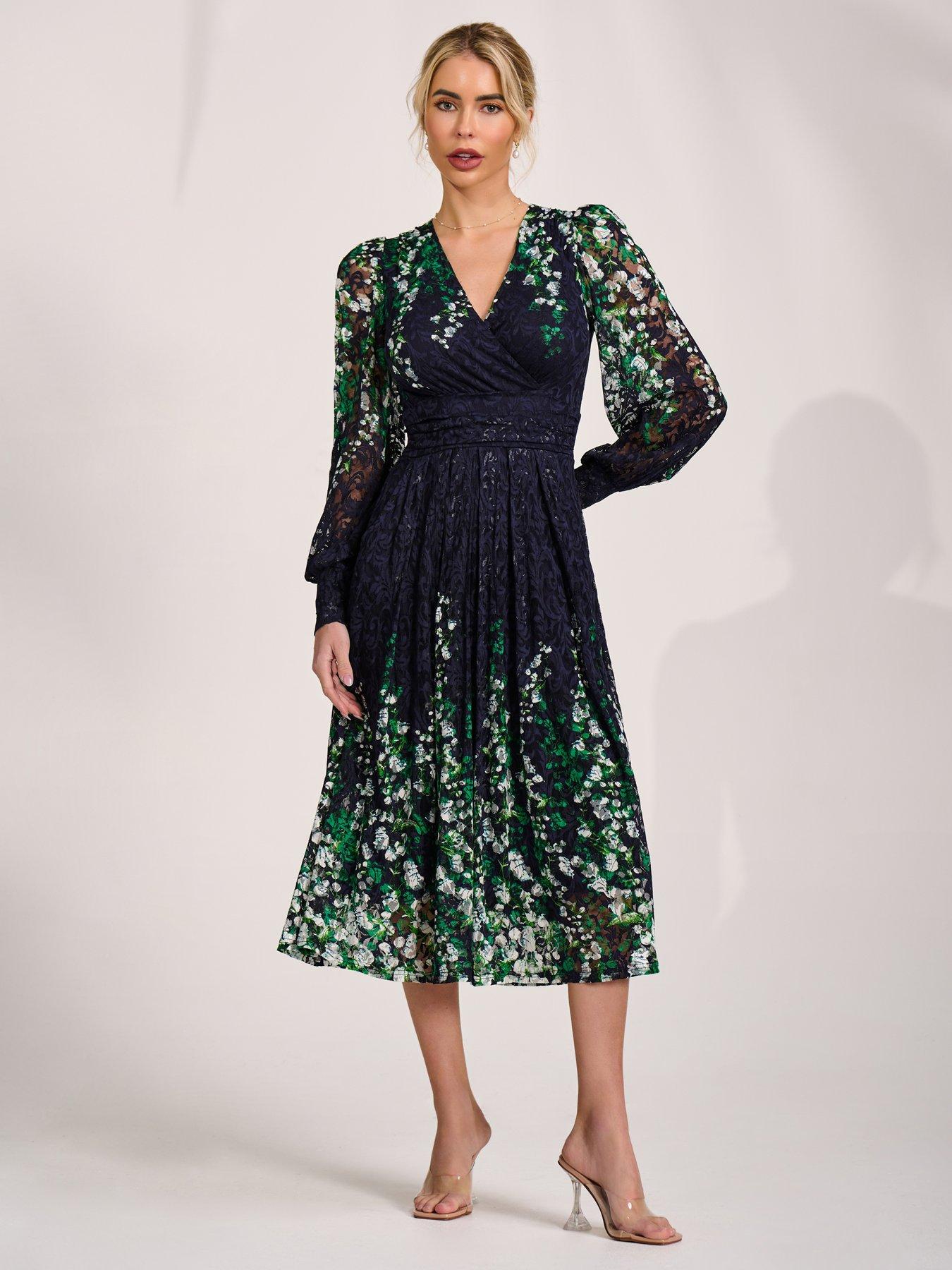 Image 7 of 7 of Jolie Moi Long Sleeve Printed Lace Midi Dress - Green