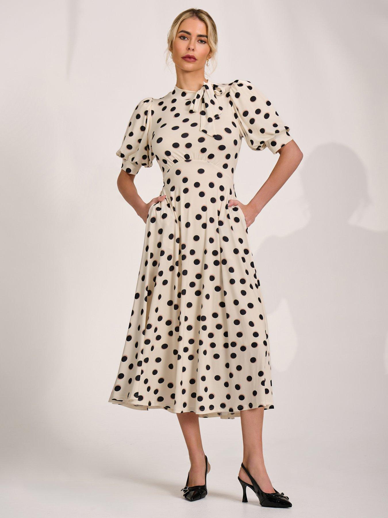 Jolie Moi Tie Neck Puffy Sleeve Jersey Midi Dress - Cream