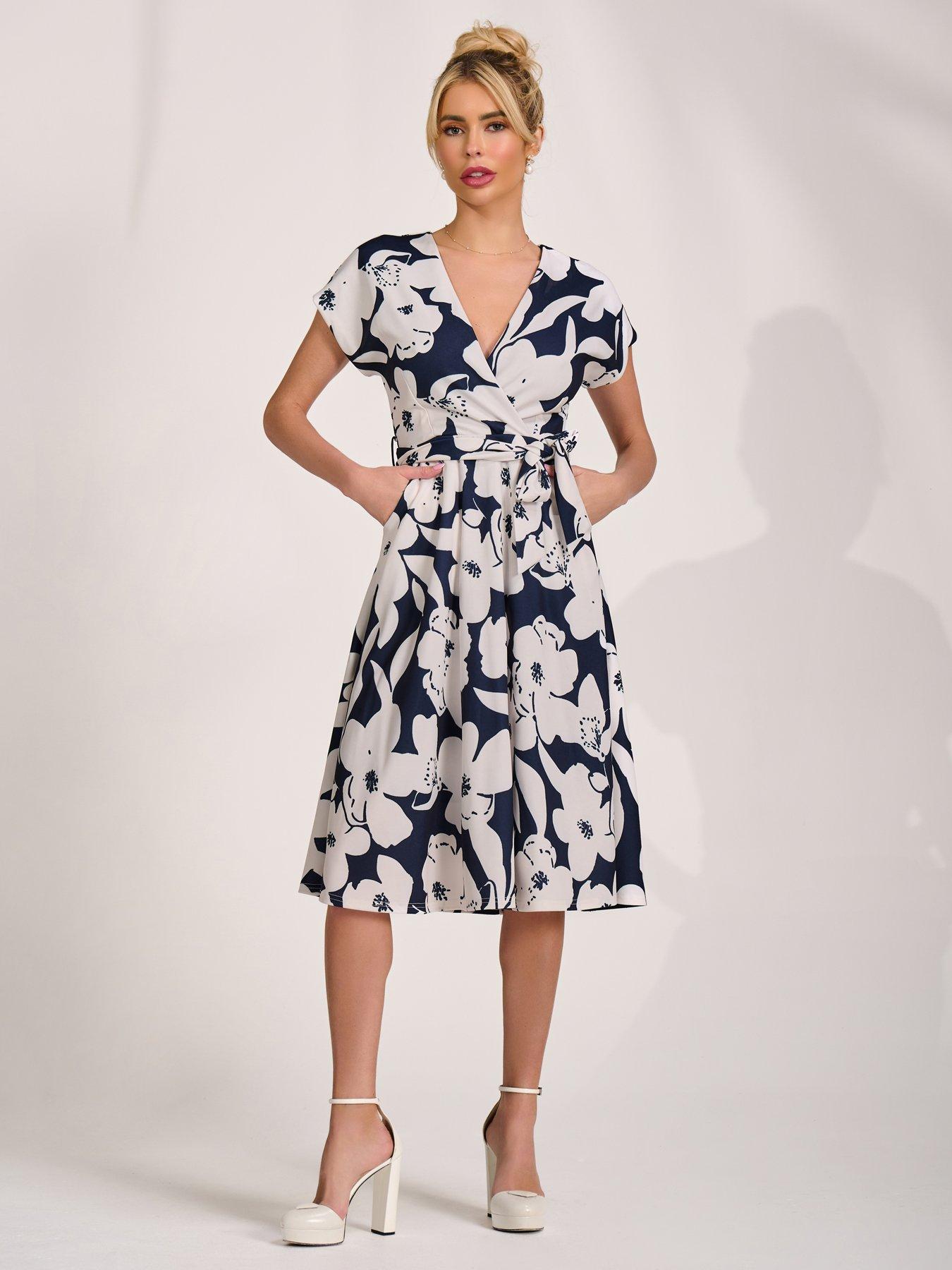 Jolie Moi V Neck Print Scuba Midi Dress - Navy