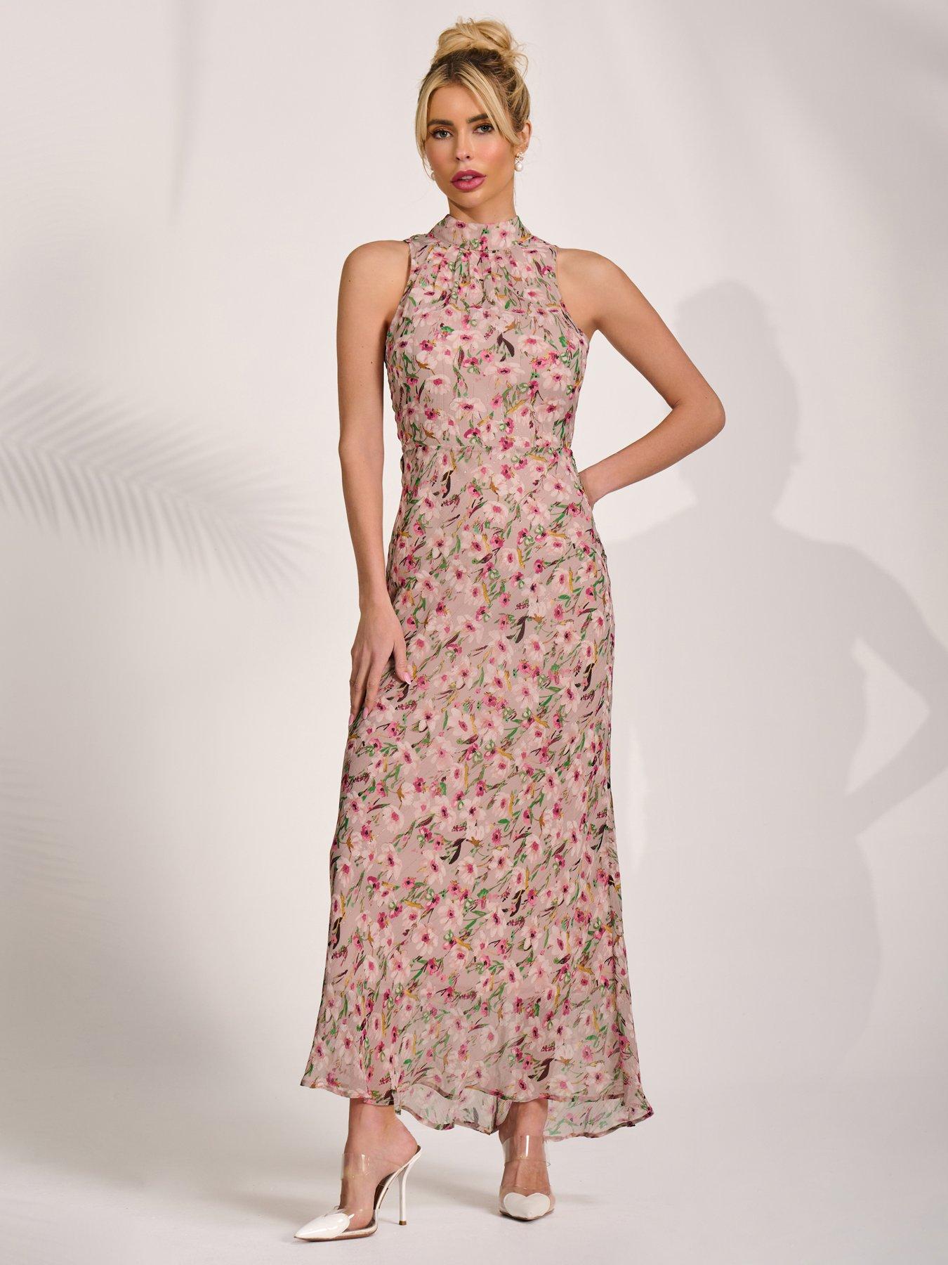 Jolie Moi Chiffon Halterneck Printed Midaxi Dress - Pink