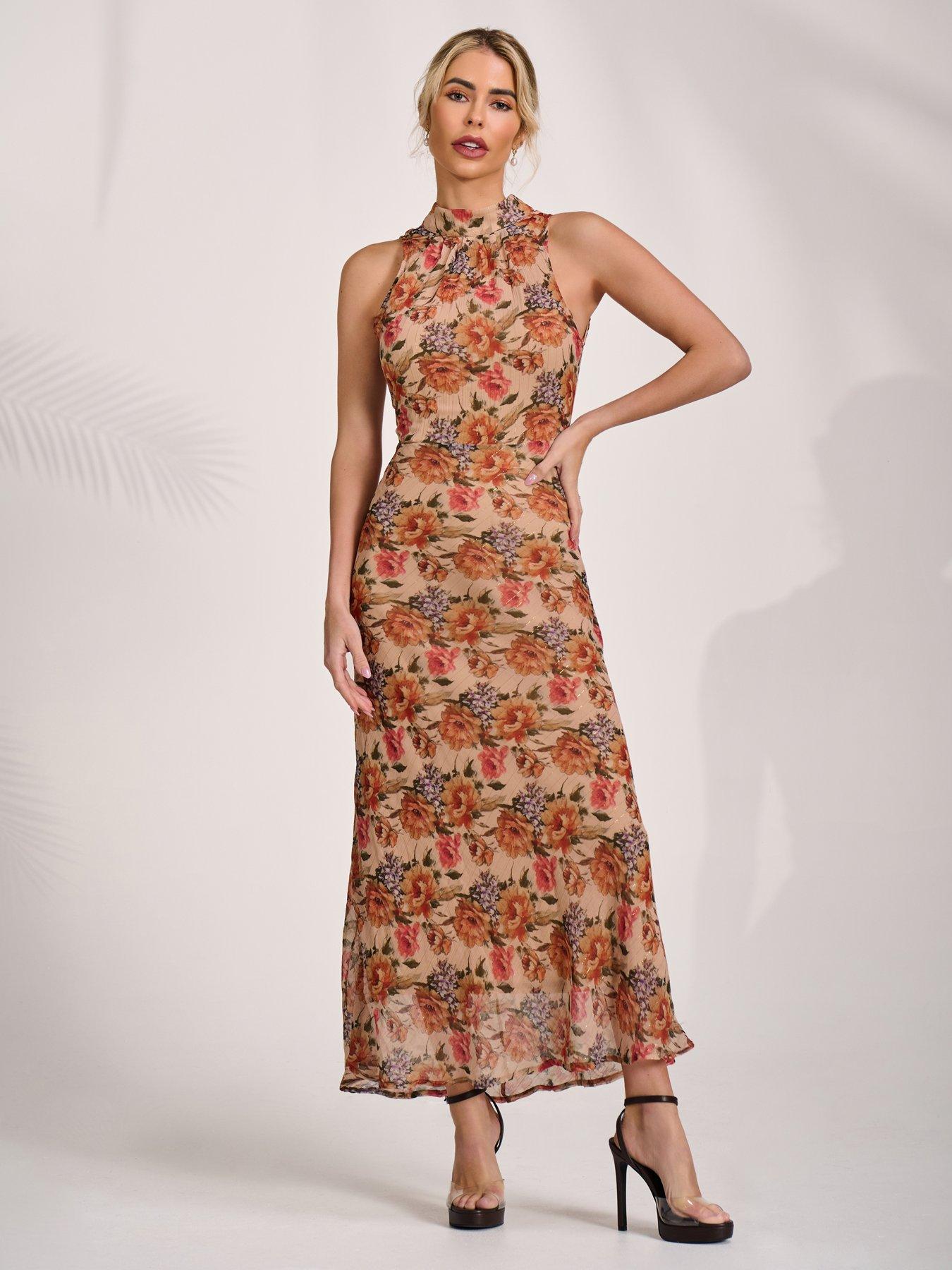 Jolie Moi Chiffon Halterneck Printed Midaxi Dress - Orange