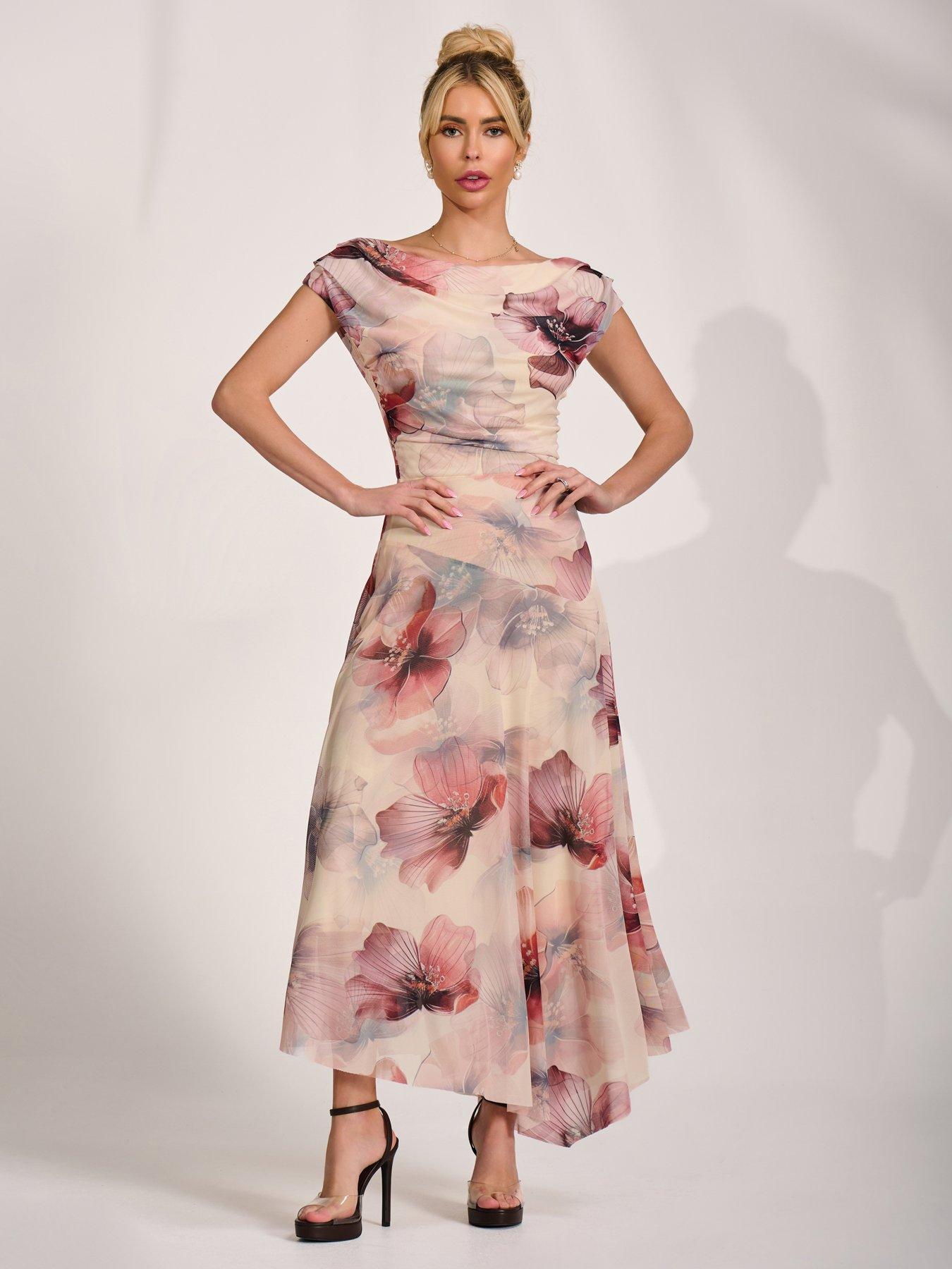 Jolie Moi Asymmetrical Draped Mesh Maxi Dress - Pink